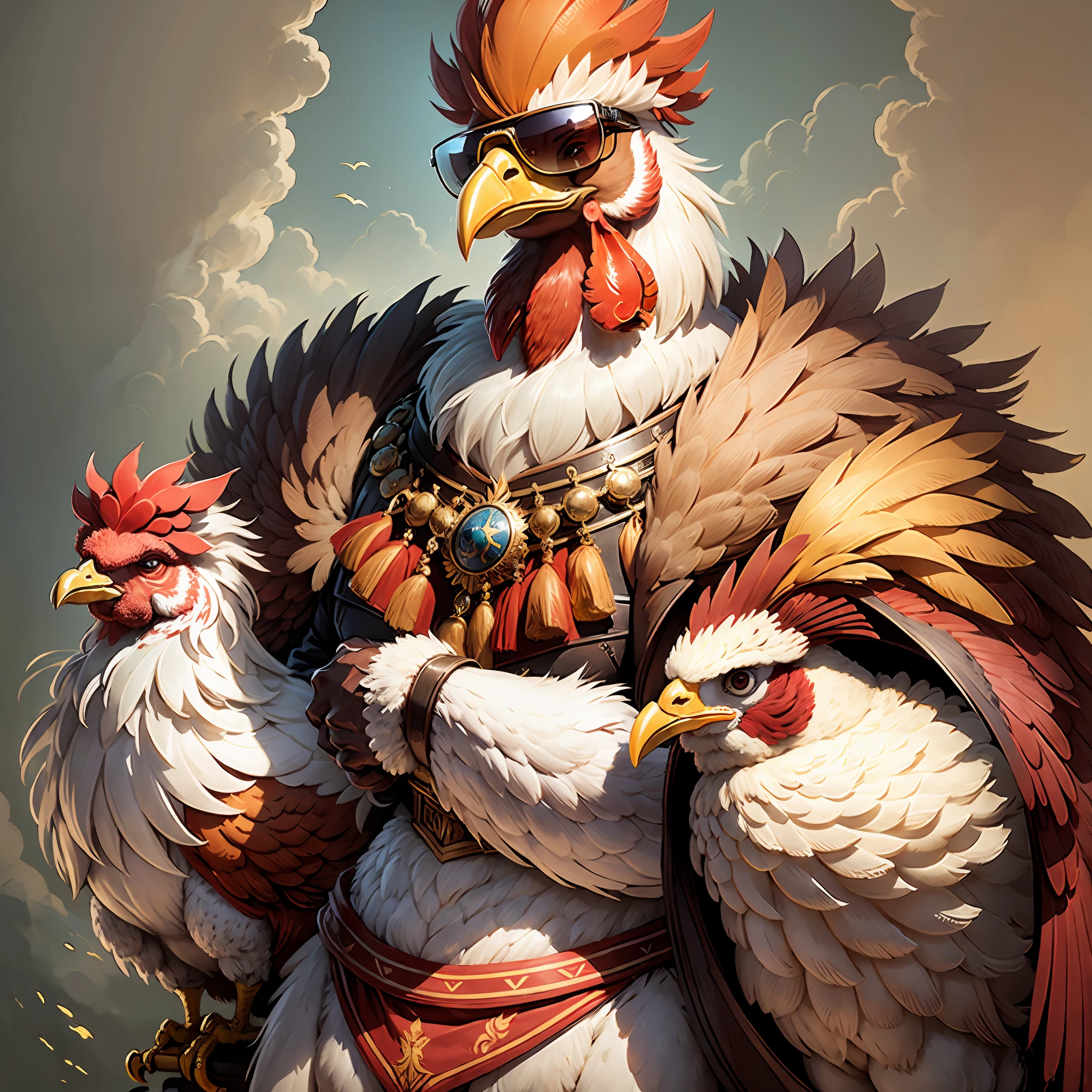 King of roosters, proud looks, arrogant expressions, proud eyes, anthropomorphic chickens, hands on chest, strong arms, strong biceps, chicken with sunglasses, human arms --auto --s2