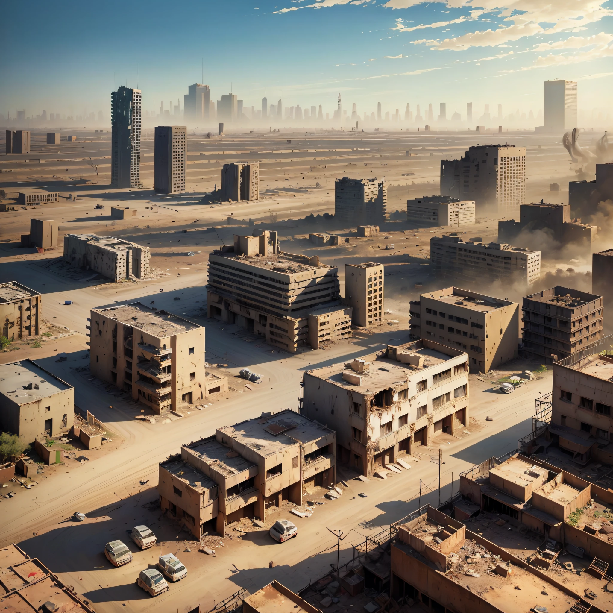 (best quality, masterpiece), realistic art, detailed landscape, sunny day, very hot, lots of dust, post-apocalyptic city, dry trees, many destroyed buildings, bleak environment, end of the world, strong colors. --auto --s2