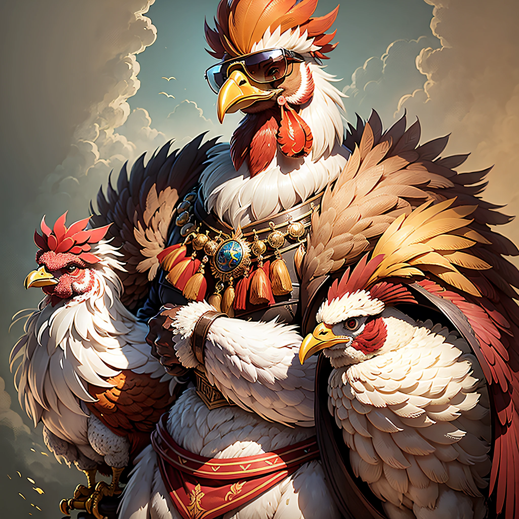 King of roosters, proud looks, arrogant expressions, proud eyes, anthropomorphic chickens, hands on chest, strong arms, strong biceps, chicken with sunglasses, human arms --auto --s2