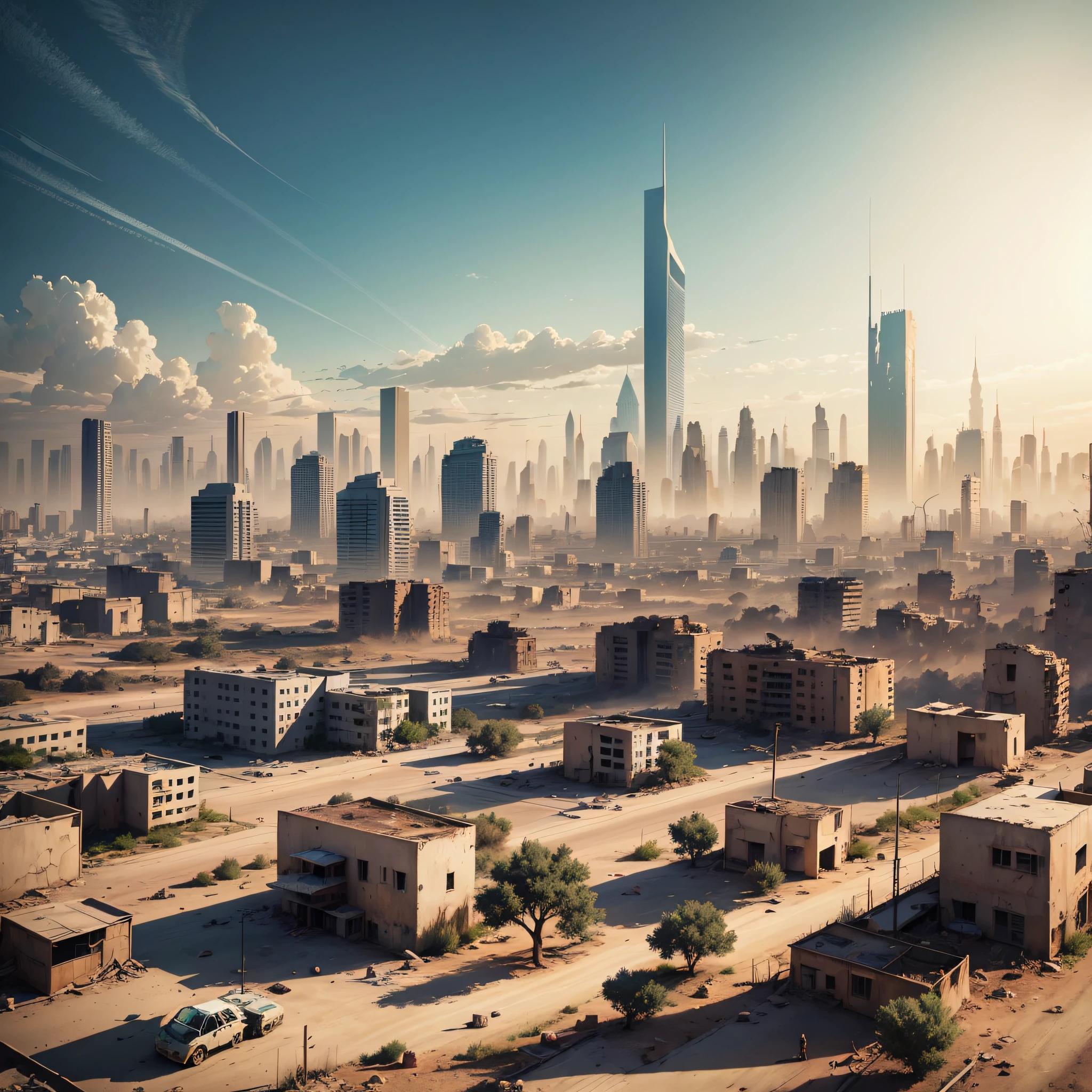 (best quality, masterpiece), realistic art, detailed landscape, sunny day, very hot, lots of dust, post-apocalyptic city, dry trees, many destroyed buildings, bleak environment, end of the world, strong colors. --auto --s2