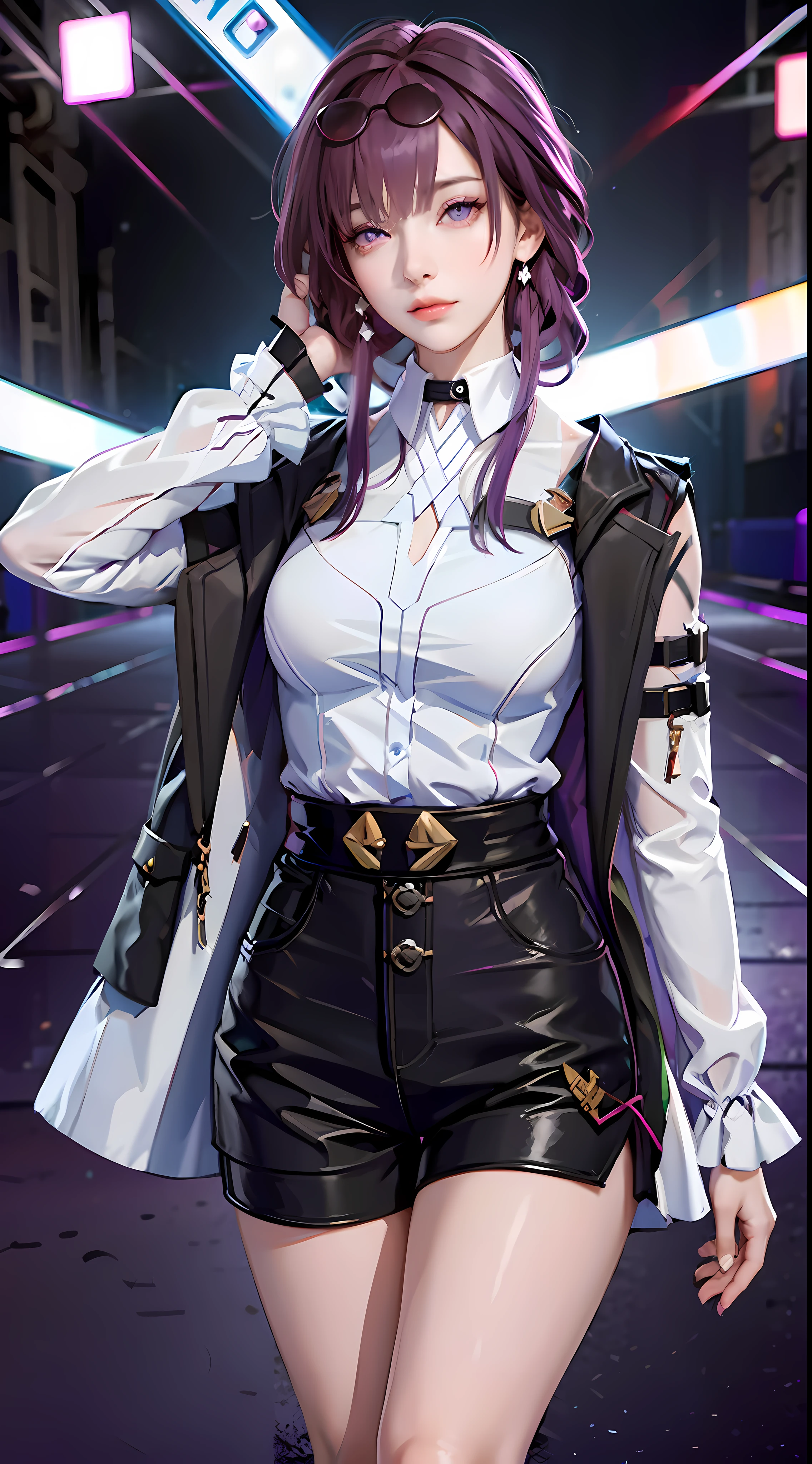 Masterpiece, Best Quality, 1girl, Official, Purple Eyes, Purple Hair, Bustiness, Denim Shot, Looking at the Audience, Dark, (Darkness), Cinematic Light, Edge Light, Delicate Eyes, (pureerosface_v1:0.5), Looking at the Audience, (Realisticity: 1.2), Provocative, Broken Star Track, Arrogant, Bangs Evil Face, Apocalyptic Background, Hot Pants, Shorts