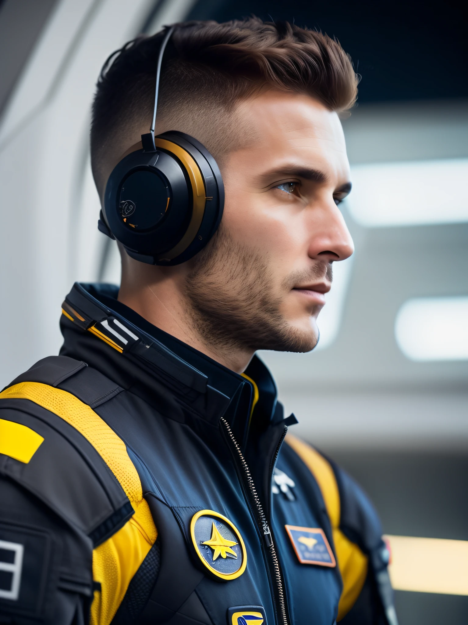 fking_scifi, award-winning photo of a man, black flight suit with yellow accents, brown hair, (gray eyes:1.35), square jawline, asymmetric face, standing in front of a window on a space ship, 80mm, bokeh, mass effect, close up, fking_cinema_v2