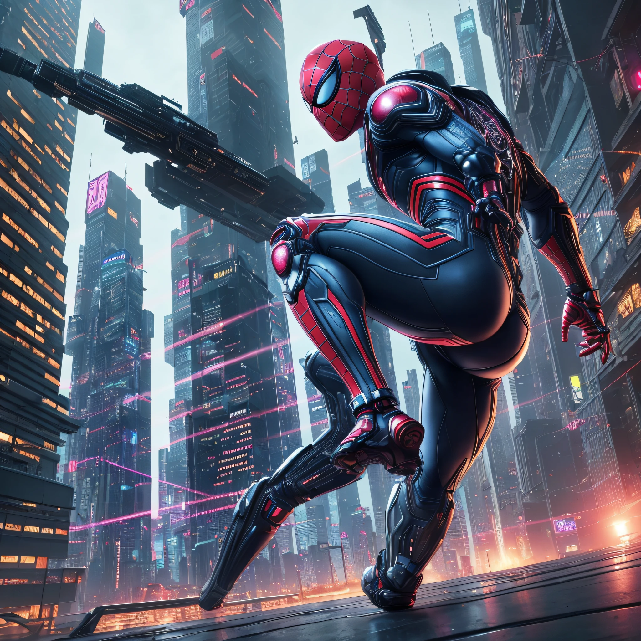 (extremely detailed CG unity 8k wallpaper, masterpiece, best quality, ultra-detailed),(best color grading, best shadow and highlight, an extremely delicate and beautiful), Cyberpunk Spider-Man, cybernetic armor suit, in a Cyberpunk metropolitan city, dynamic fighting pose, futuristic skyline. --auto --s2