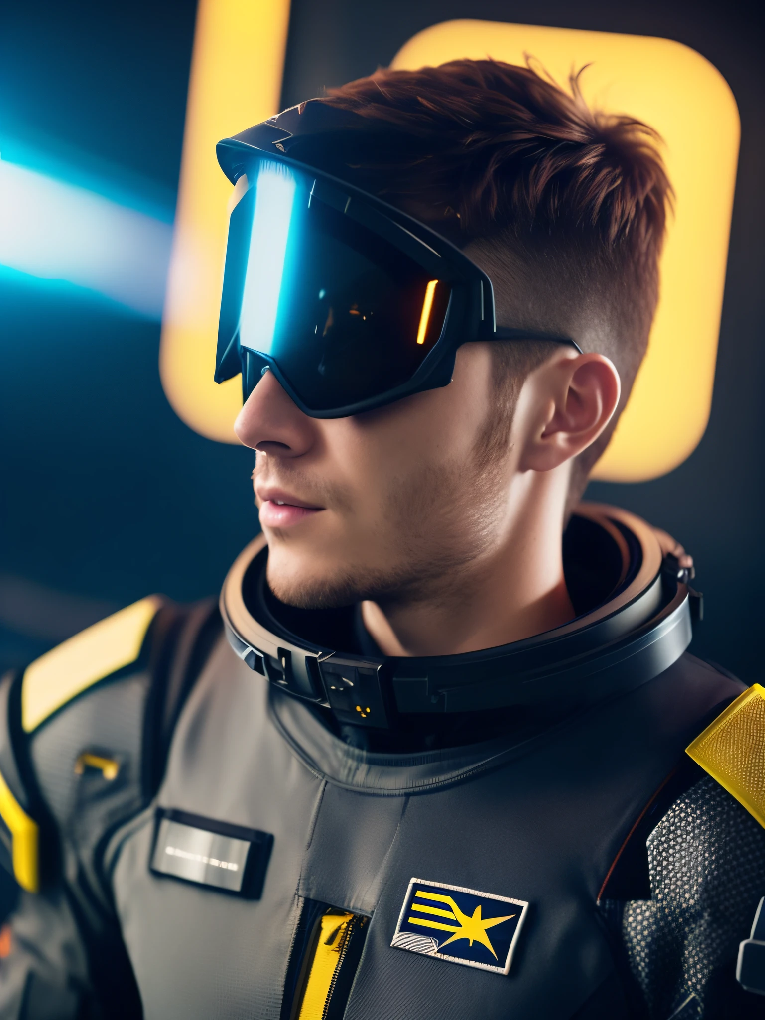 fking_scifi, award-winning photo of a man, black flight suit with yellow accents, brown hair, (gray eyes:1.35), square jawline, asymmetric face, standing in front of a window on a space ship, 80mm, bokeh, mass effect, close up, fking_cinema_v2