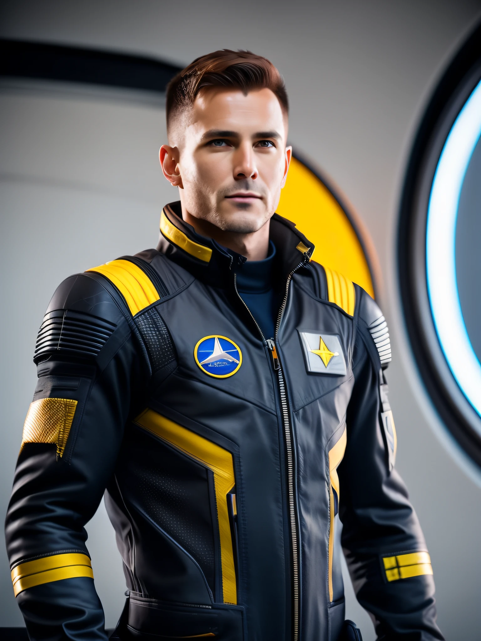 fking_scifi, award-winning photo of a man, black flight suit with yellow accents, brown hair, (gray eyes:1.35), square jawline, asymmetric face, standing in front of a window on a space ship, 80mm, bokeh, mass effect, close up, fking_cinema_v2