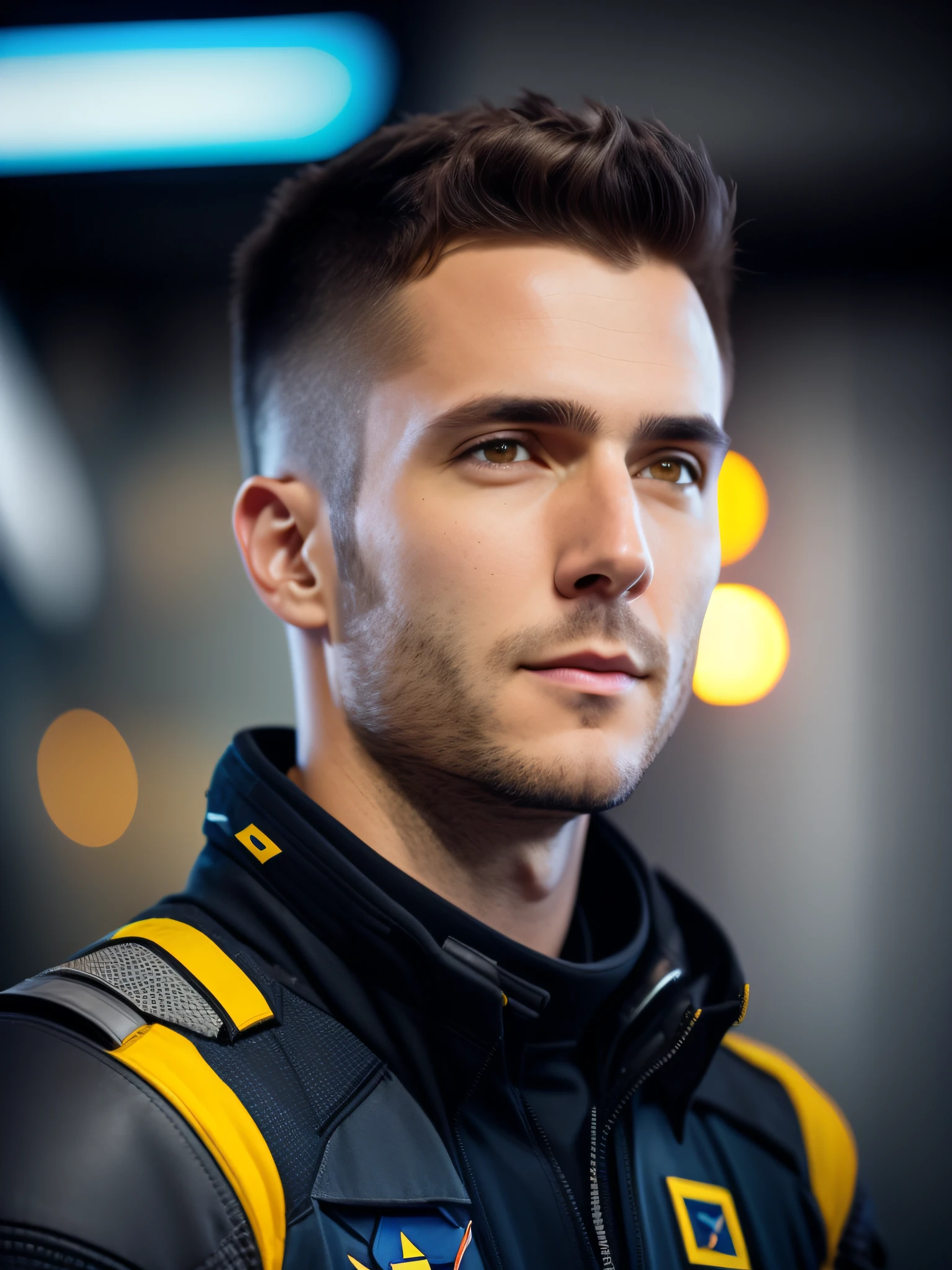 fking_scifi, award-winning photo of a man, black flight suit with yellow accents, brown hair, (gray eyes:1.35), square jawline, asymmetric face, standing in front of a window on a space ship, 80mm, bokeh, mass effect, close up, fking_cinema_v2