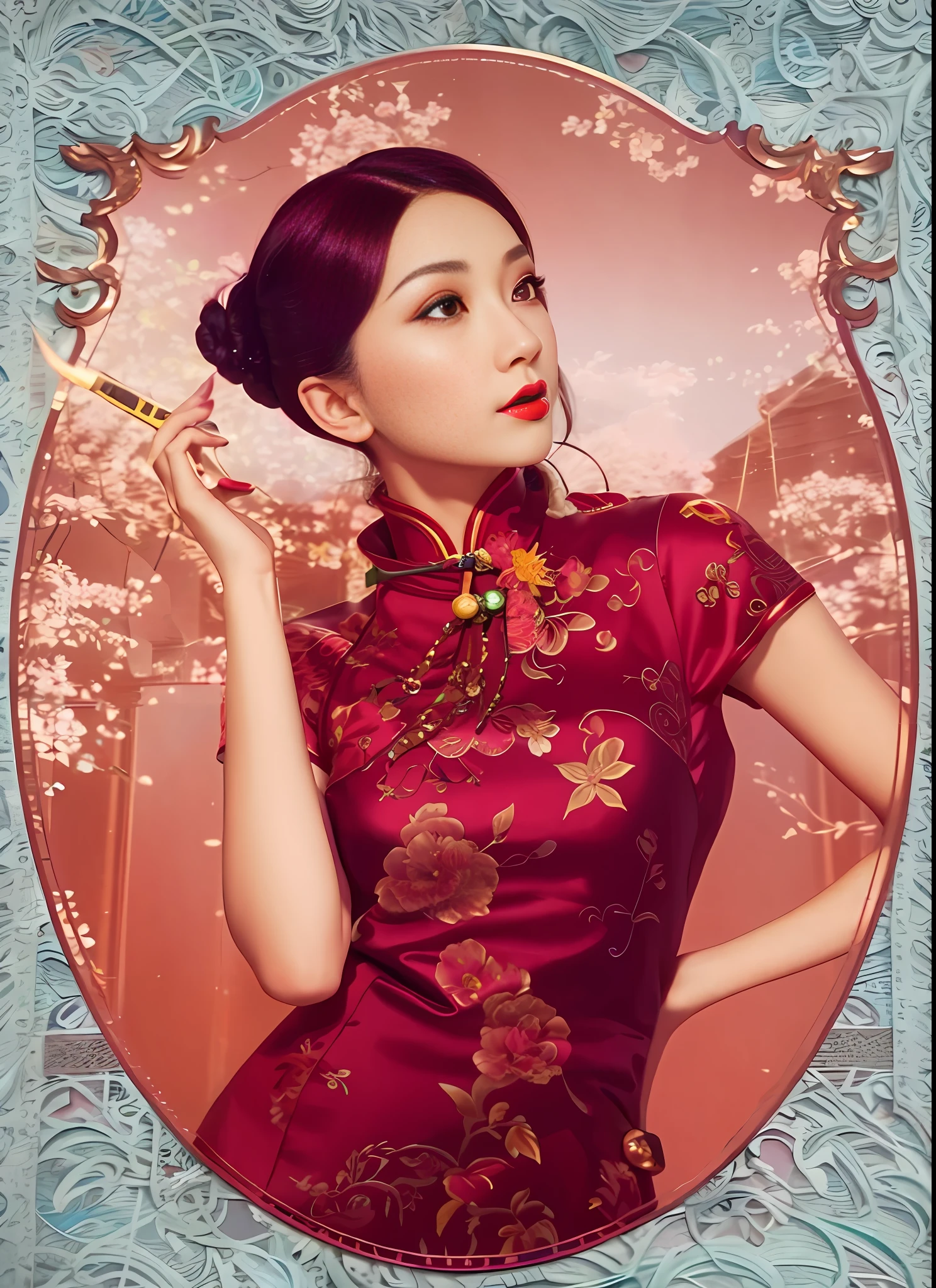 Realistic, high resolution, 1 girl in gorgeous cheongsam, (fur), (raw photo,intricate ultra-detailed costumes: 1.4, extremely gorgeous costumes), 1930s Shanghai,vintagepunk sofa,vintagepunk gramophone,vintagepunk telephone,vintagepunk lamp,vintage furnitures,vintagepunk background, cinematic lighting, vintage microphone, neons, masterpiece, perfect anatomy, perfect face, abstract beauty, illustration, best quality, (official art, extremely detailed CG Unity 8k wallpaper), highly detailed, absurd, 8k resolution, (((realistic))), (((realistic))), popular on art stations