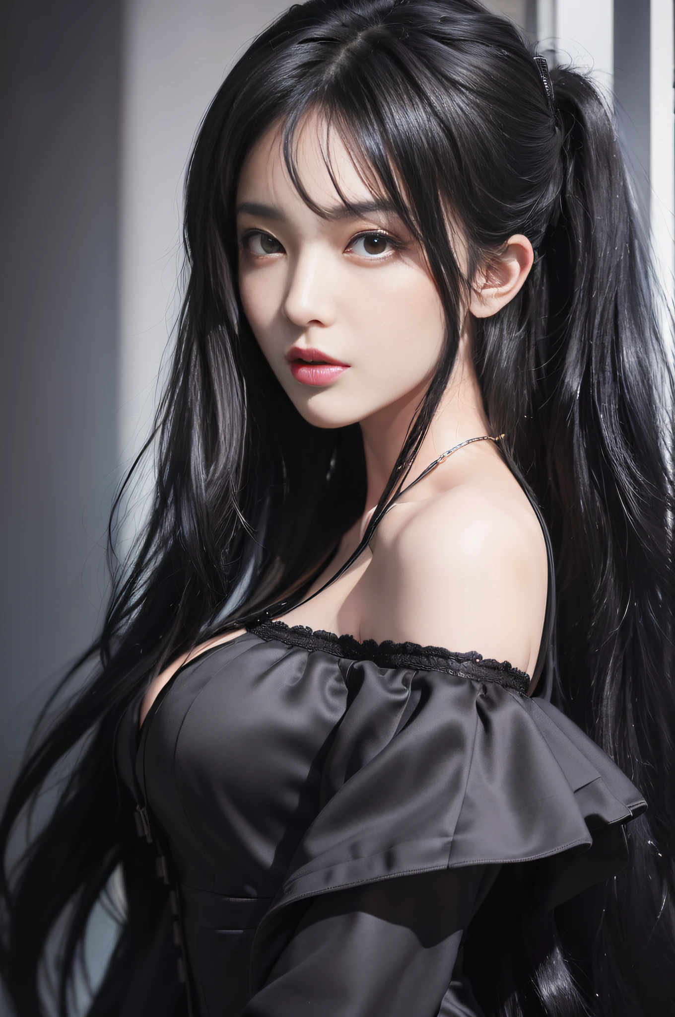 (((masterpiece+best quality+high resolution+ultra-detailed))), long silky black hair, high nose, sharp eyes, noble and inviolable temperament, (([female]: 1.2 + [beauty]: 1.2 + black long hair: 1.2)), dark and deep background, bright eyes, dynamic angle and posture.