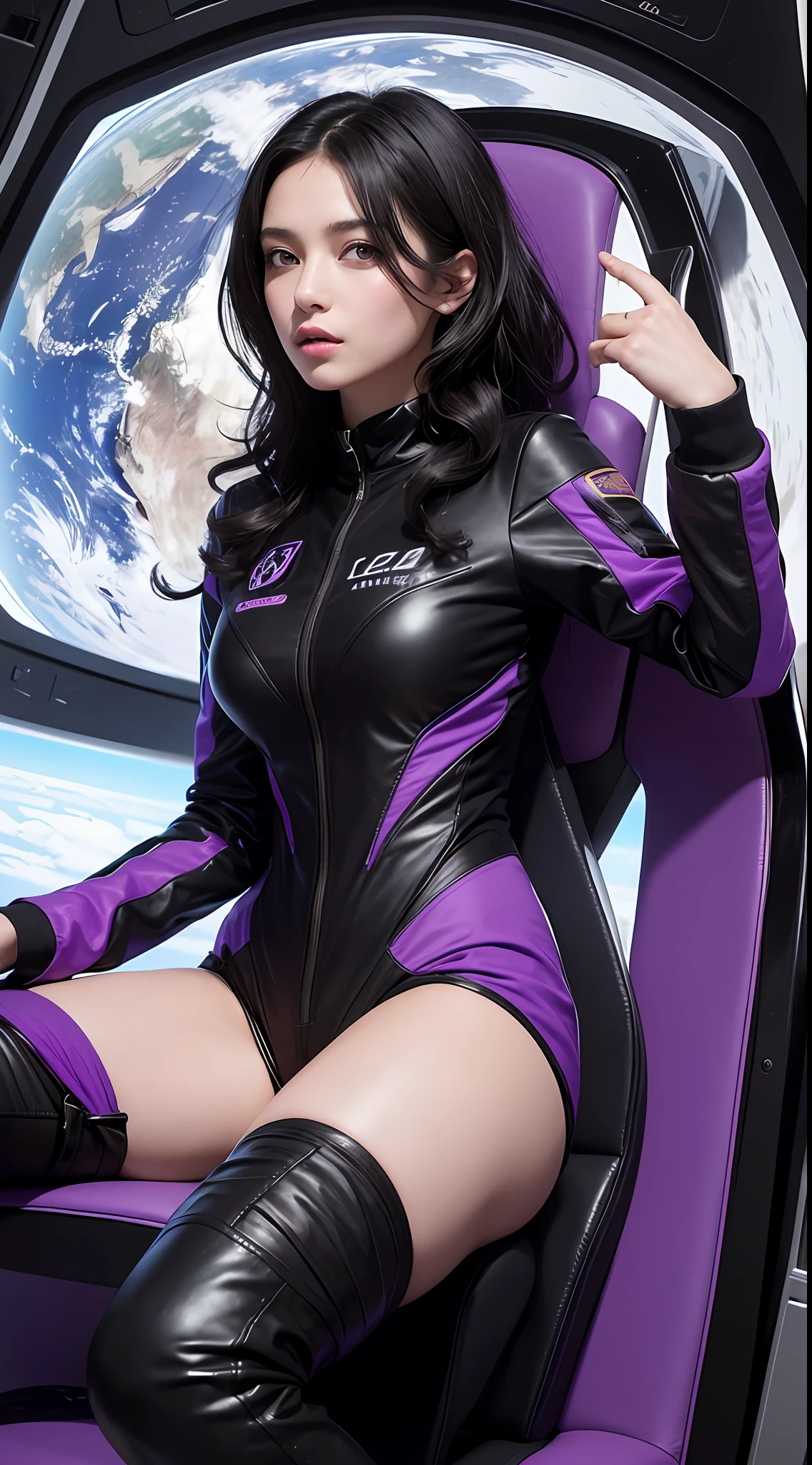 Masterpiece, best quality, beautiful sexy young girl, medium length black hair wavy, full-length, purple eyes, wear spacesuit black with purple colour,sit on chair in a spaceship,drink coffe