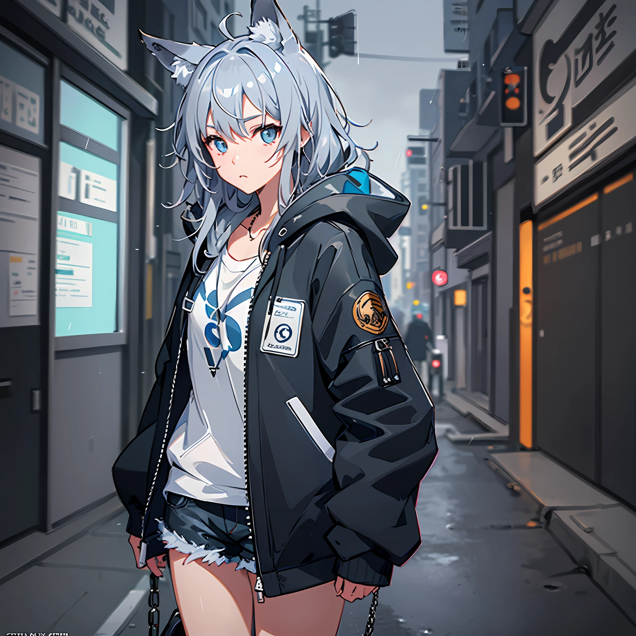 1girl, jacket, rain, outdoor, Fox ear,Blue gray hair,hoodie, open jacket, chain, backpack, looking at another, messy hair, trending on artstation, 8k resolution, highly detailed, anatomically correct, sharp image, digital painting, concept art, trending on pixiv, style of makoto shinkai,