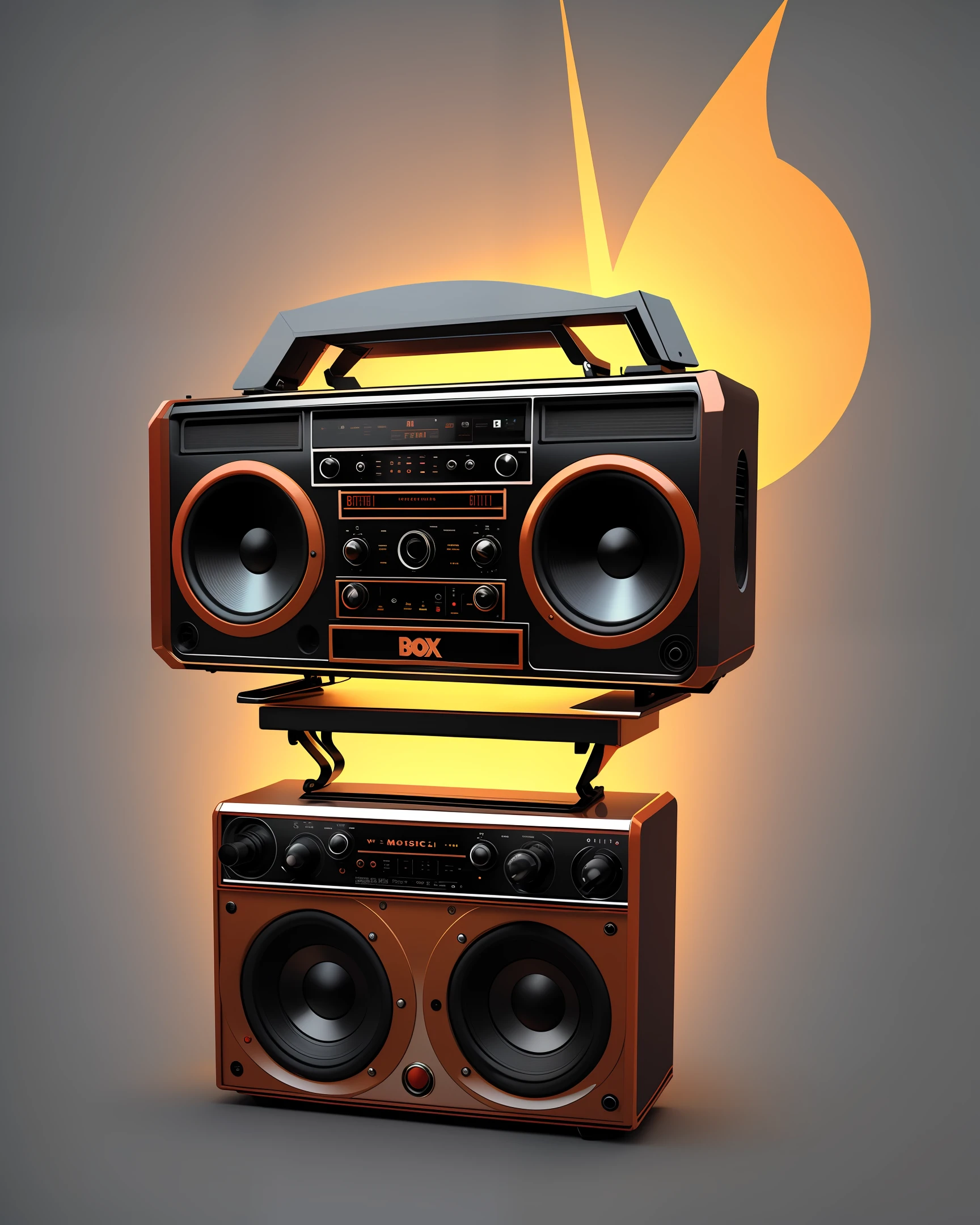 Retro boombox, vintage style, (t-shirt design), realistic volumetric masterpiece light