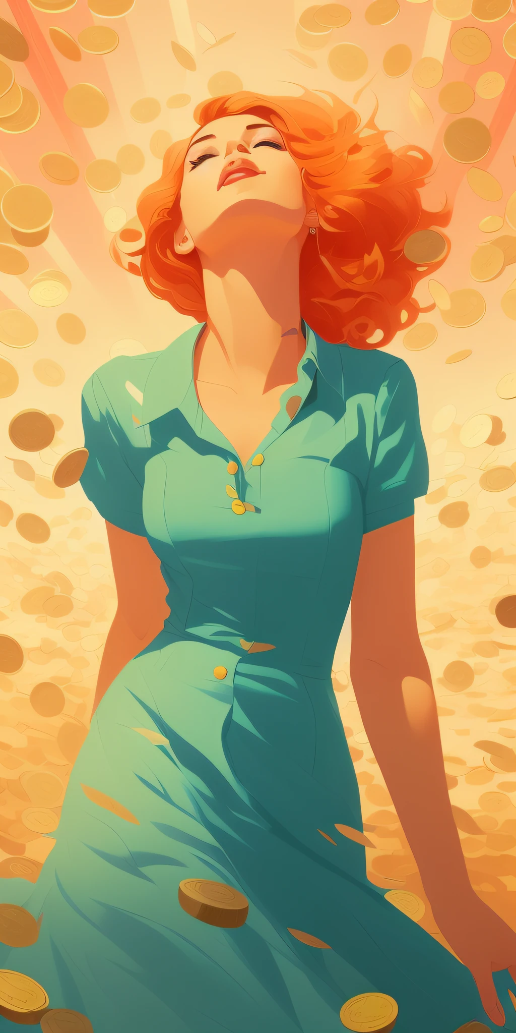 a close up of a woman in a dress standing in a field of coins, inspired by Vincent Lefevre, artgerm and james jean, rob rey, martin ansin artwork portrait, by Cyril Rolando, by loish, digital art ilya kuvshinov, ilya kuvshinov landscape, martin ansin, kenton nelson, inspired by Art Frahm