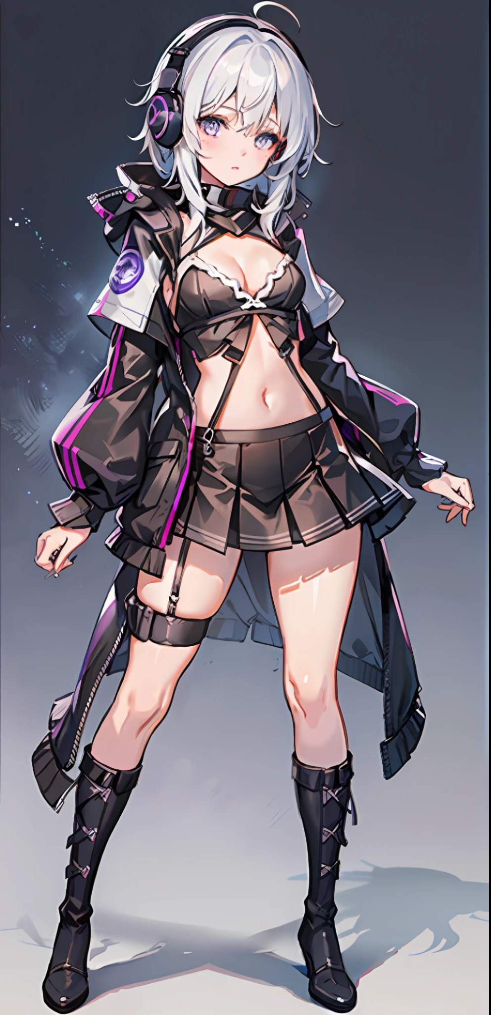 {{{Masterpiece}}}, {Very detailed CG Unity 8k wallpaper}, white hair, white purple eyes, black clothes, skeleton hands, long hair, dead white, tactical vest, headphones, cute face, solo, face, skull arm, solo, illustrations, fantasy, navel, erotic clothing, lolie, pleated skirt, standing painting, full body, black boots, tachie, small and medium breasts, standing, dynamic pose, full body in pictures, clothes showing cleavage, short hair, cleavage, lace-up panties, Cute girl, breast patch, pubic patch, black sailor suit, mesh coat, erotic lingerie, simple background