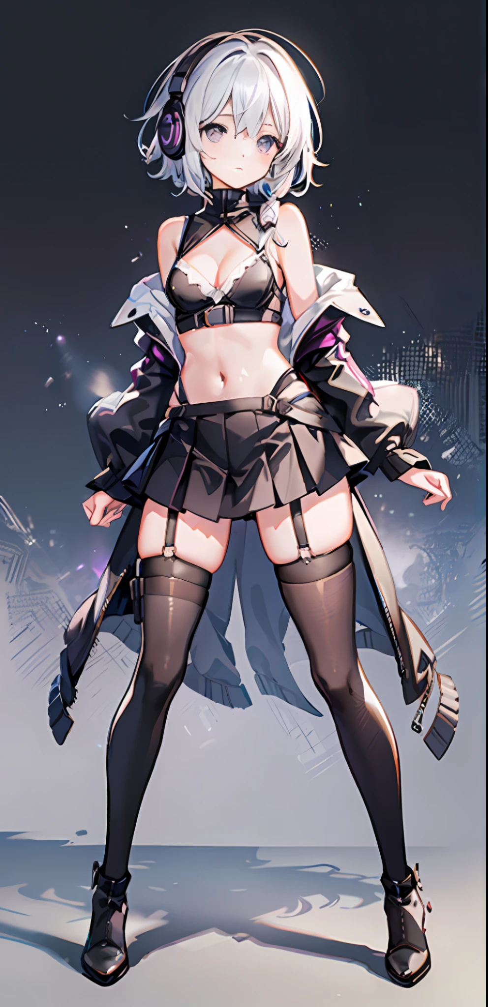 {{{Masterpiece}}}, {Very detailed CG Unity 8k wallpaper}, white hair, white purple eyes, black clothes, skeleton hands, long hair, dead white, tactical vest, headphones, cute face, solo, loli face, skull arm, solo, illustrations, fantasy, navel, erotic clothing, loli face, pleated skirt, standing painting, full body, black boots, tachie, small and medium breasts, standing, dynamic pose, full body in pictures, clothes showing cleavage, short hair, cleavage, lace-up panties, Cute girl, breast patch, pubic patch, black sailor suit, mesh coat, erotic lingerie, simple background