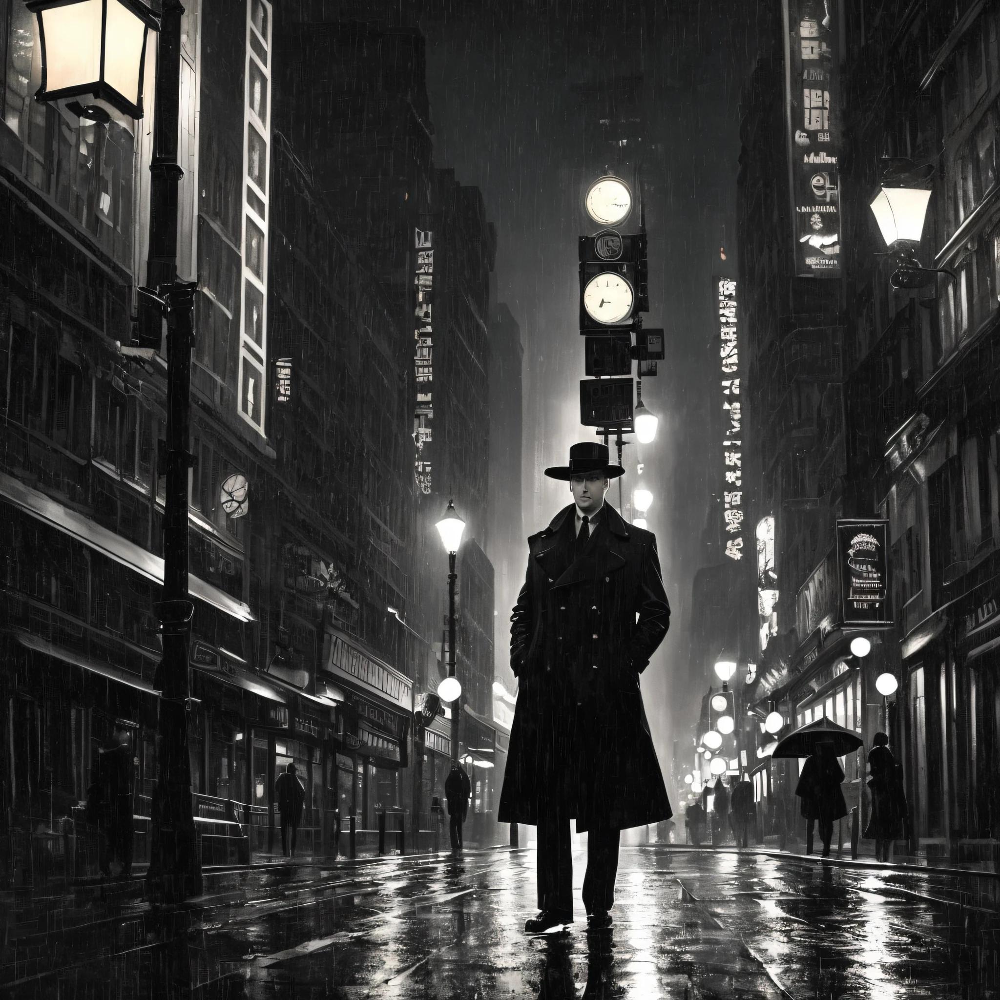 (Masterpiece, Best Quality: 1.2), Super Elaborate Face, (Mute Color: 1.2, Dark Studio, Rim Lighting, Two-tone Lighting, Dim Lighting, Low Key), (Heavy Rain)), Long Leather Raincoat
1930s poster (style\), noir detective film (noir atmosphere: 1), gloomy atmosphere, night cityscape, obsession with noir colors,
New York in the 1930s. Detective Jack Sullivan has just returned to his office after a long day of walking the sidewalk trying to solve the latest case that has been brought in. It was hard and the search for the culprit was not as close as it was when we started.
Trending on ArtStation, Trending on CGSociety, Incicate, High Detail, Dramatic and photorealistic painting art by Midjourney and Greg Lutkowski,