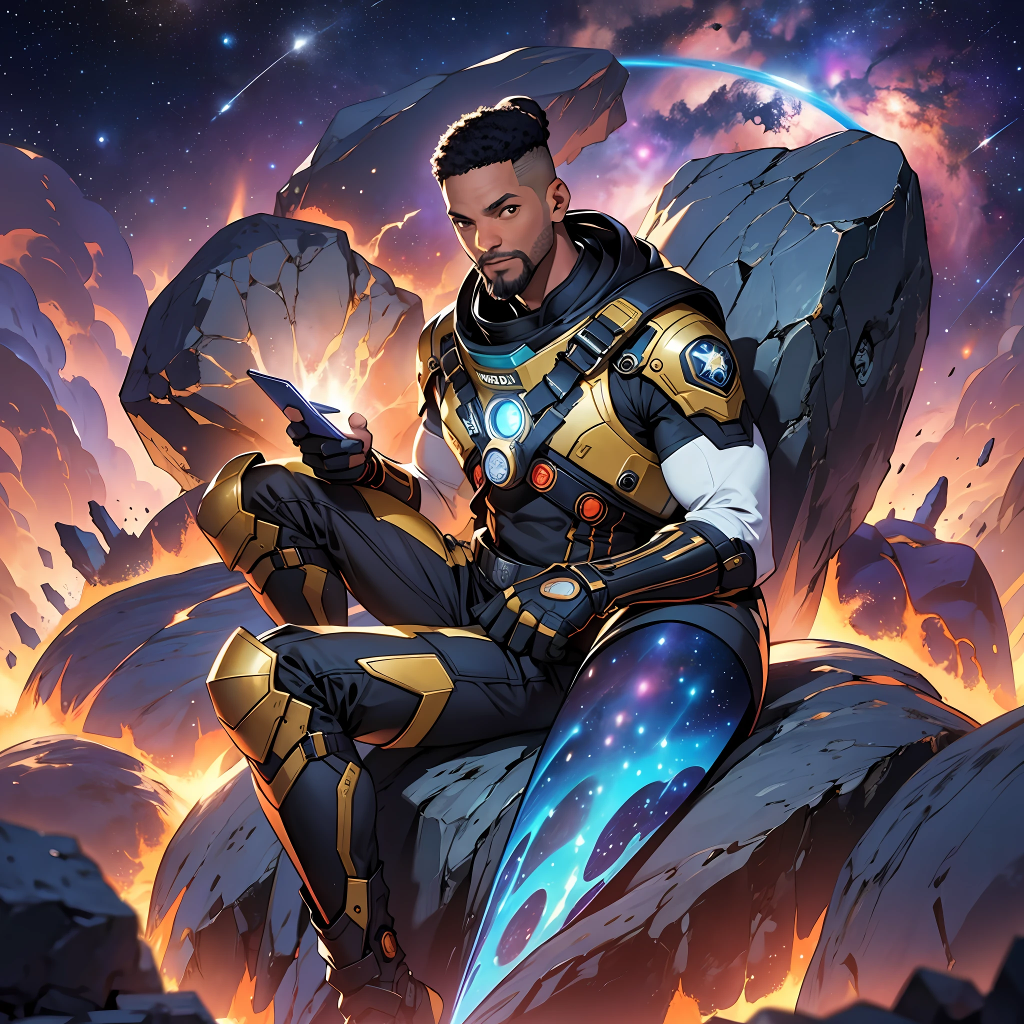 Will Smith sitting on a research platform floating in the middle of an asteroid belt. He is studying with a laptop, surrounded by several asteroids glowing with auras of fire. The dramatic illumination of distant stars and planets illuminates the scene, casting deep shadows on the costume. The young man seems confident and determined, looking at the vast and mysterious universe with admiration and respect, beard, cowboy shot, --auto --s2