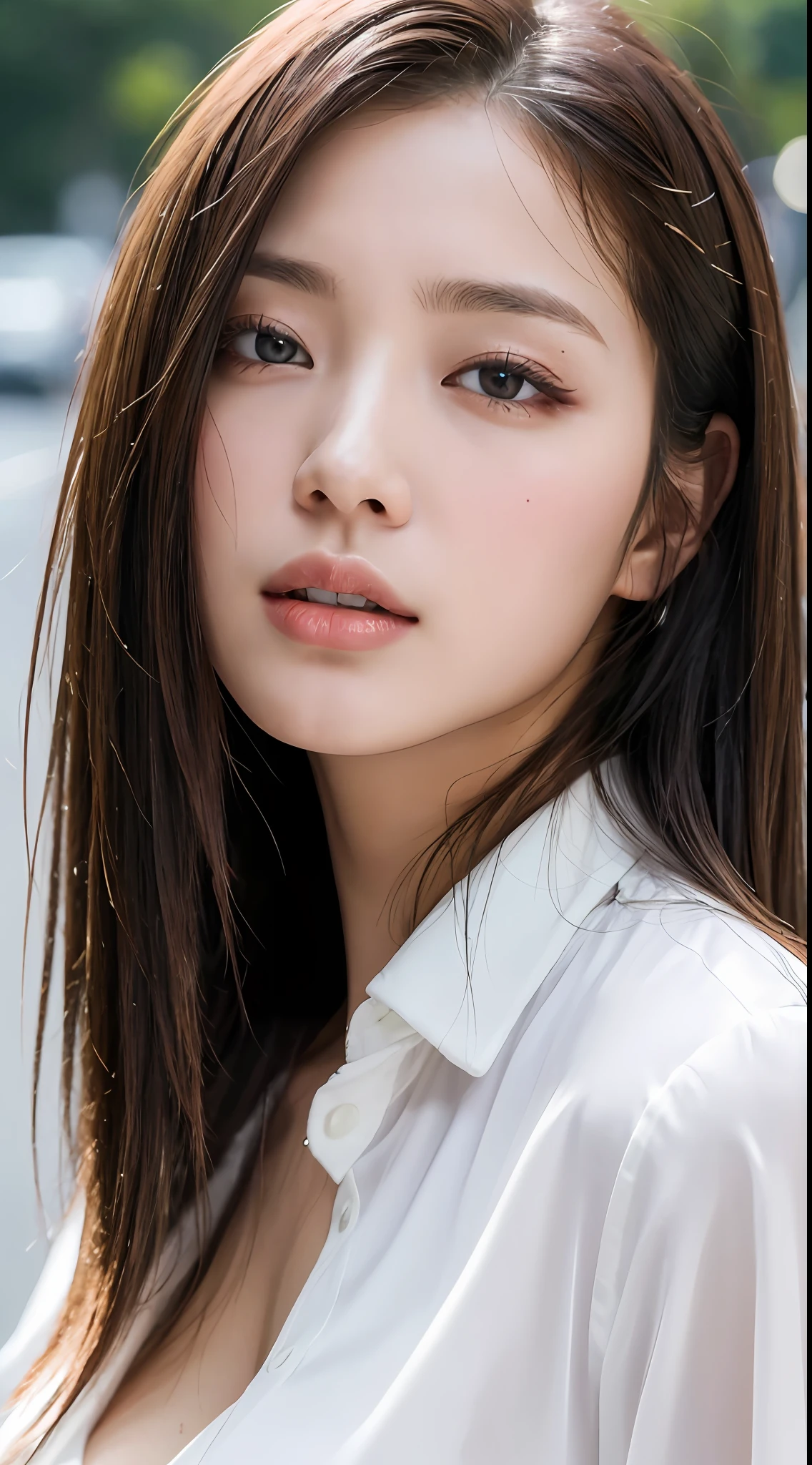 ((Best Quality, 8K, Masterpiece: 1.3)), Sharp: 1.2, Perfect Body Beauty: 1.4, Slim Abs: 1.2, ((Layered Hairstyle, Big Breasts: 1.2)), (Wet White Button Long Shirt: 1.1), (Rain, Street: 1.2), Wet: 1.5, Highly detailed face and skin texture, detailed eyes, double eyelids, side face looking at the camera