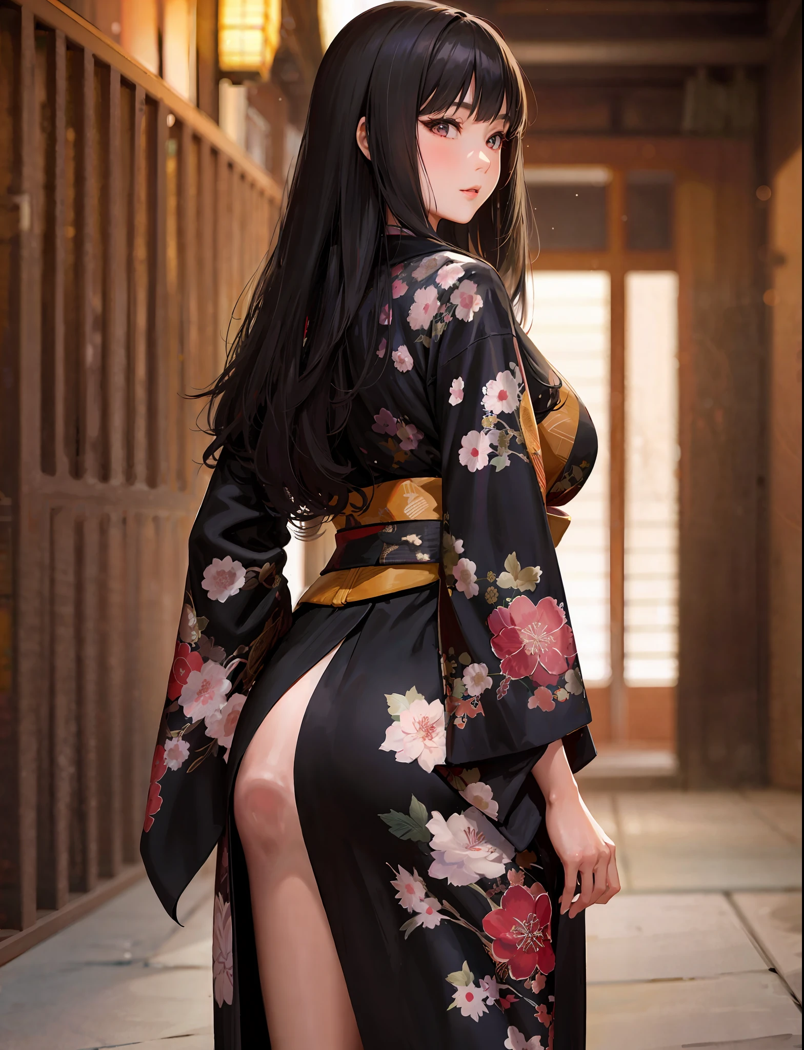 arafed asian woman in a kimono dress posing for a picture, japanese goddess, in kimono, wearing black robe, in a kimono, beautiful alluring anime woman, wearing black silk robe, photorealistic anime girl render, seductive anime girl, 3 d anime realistic, beautiful anime girl squatting, wearing dark silk robe, wearing kimono, highly detailed kimono