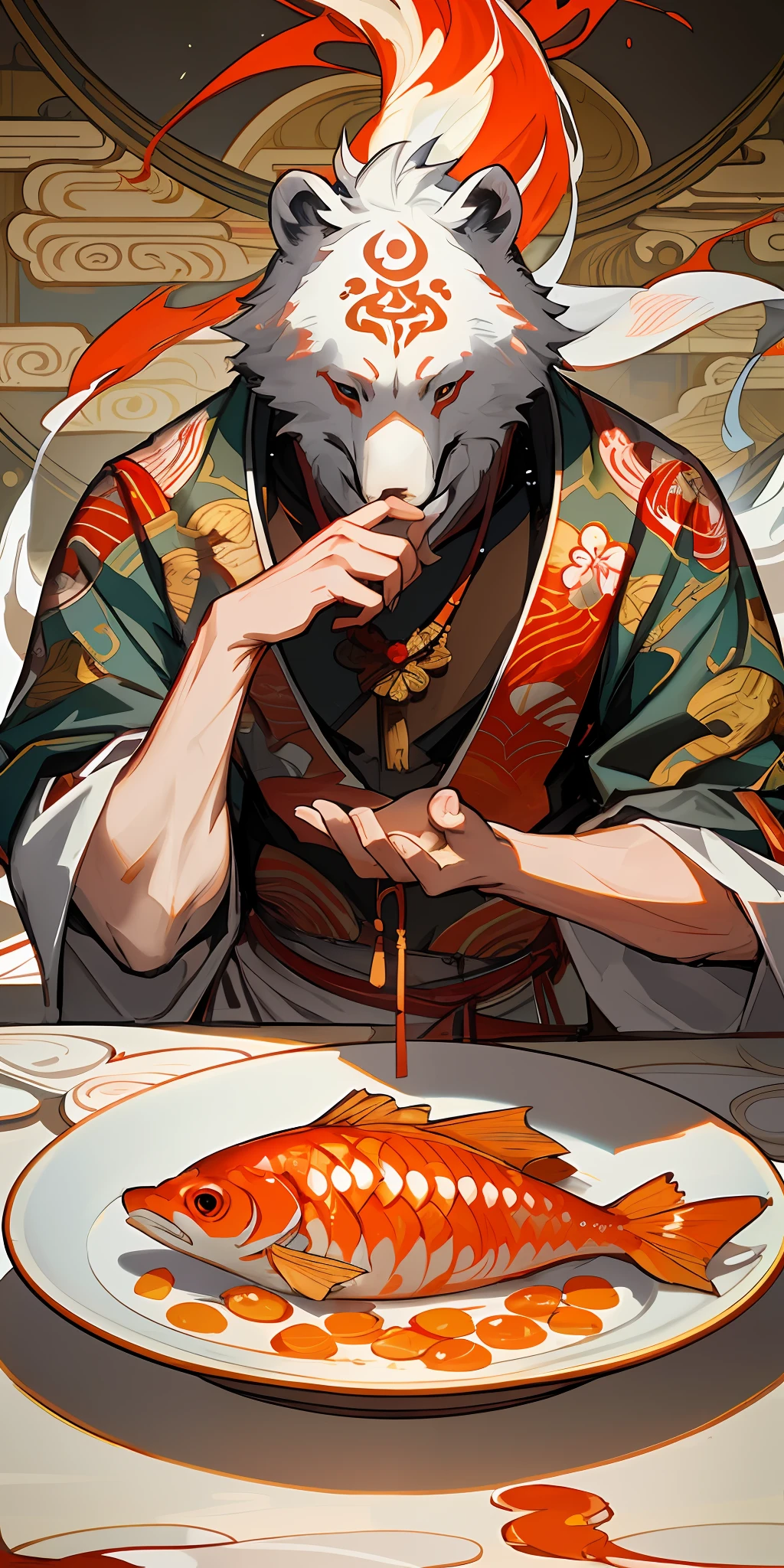 Anime White Bear Eating Fish in Red Hat, Onmyoji Detailed Art, Japanese Art Style, Trends on ArtStation Pixiv, Onmyoji Portrait, Alphonse Mucha and Roslavs, Shigenori Aijima Illustration, Detailed Digital Anime Art, Detailed Fan Art, Inspired by Shinobi, Fox, Pixiv, Detailed Anime Art Artwork