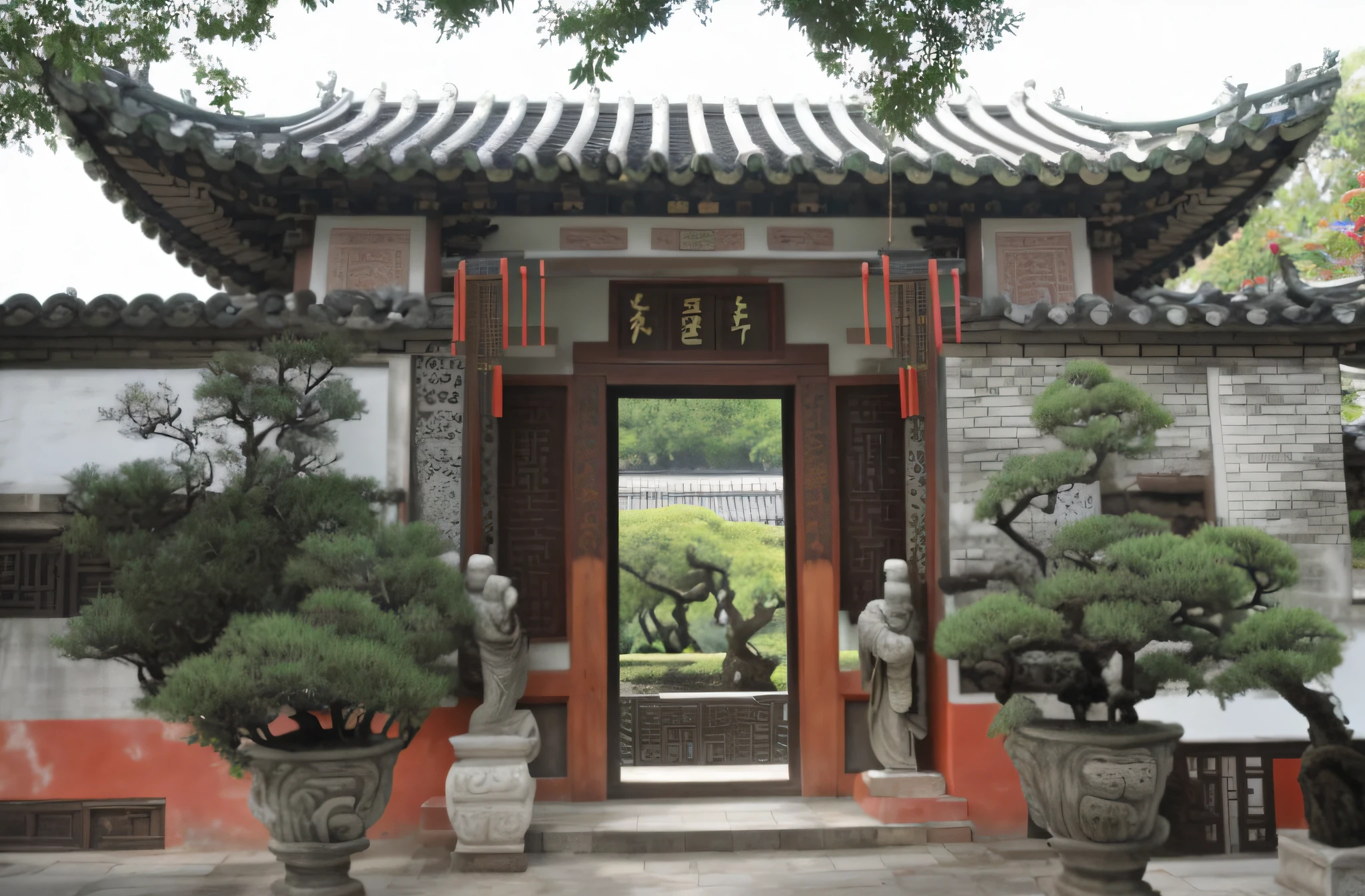 There is a building, a gate and a tree in front of it, Taoist temples and monks, Chinese temples, ancient Chinese architecture, with ancient Chinese aesthetics, Tang Dynasty palaces, beautiful ancient gardens behind, Chinese architecture, Chinese architecture, there are Chinese temples, temples, Chinese style, Buddhist temples, mysterious temples, by Wu Zhen, temples --auto --s2