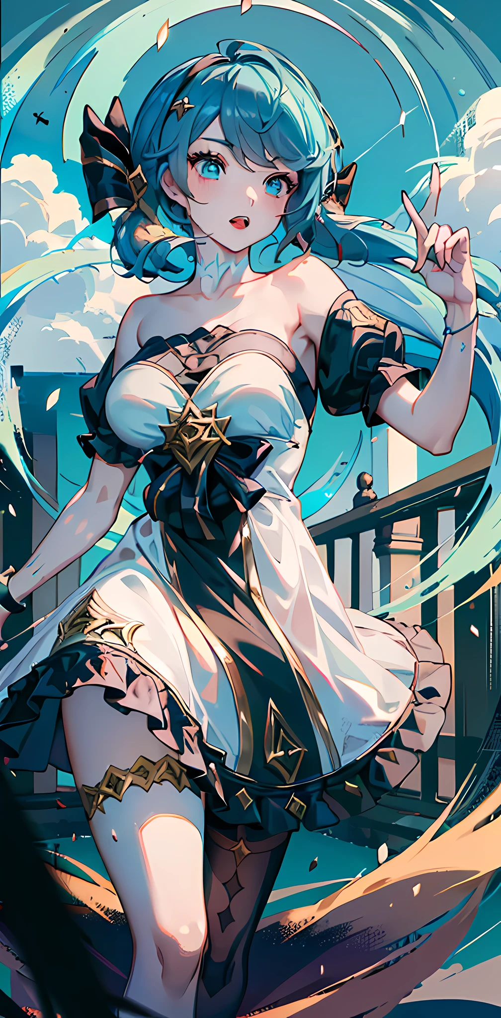 League of Legends, Gwen, Lingluo doll, 1 girl, cute and naughty Gwen, full of vigorous pose, fluttering skirt, Wu belt when the wind, lake blue decorative stripes, shawl long hair, rose curly hair, gorgeous skirt, dress with skirt support, double skirt, huge skirt, huge bow, perfect legs, lolita, blue double ponytail woman, (((see from the net below))), look up, see-through, (seductive pose), look at the audience, crazy, black cut, (eye contact), realistic, masterpiece, reality, High contrast, super detail, best quality, super high resolution, realistic, high resolution, detailed, original photo