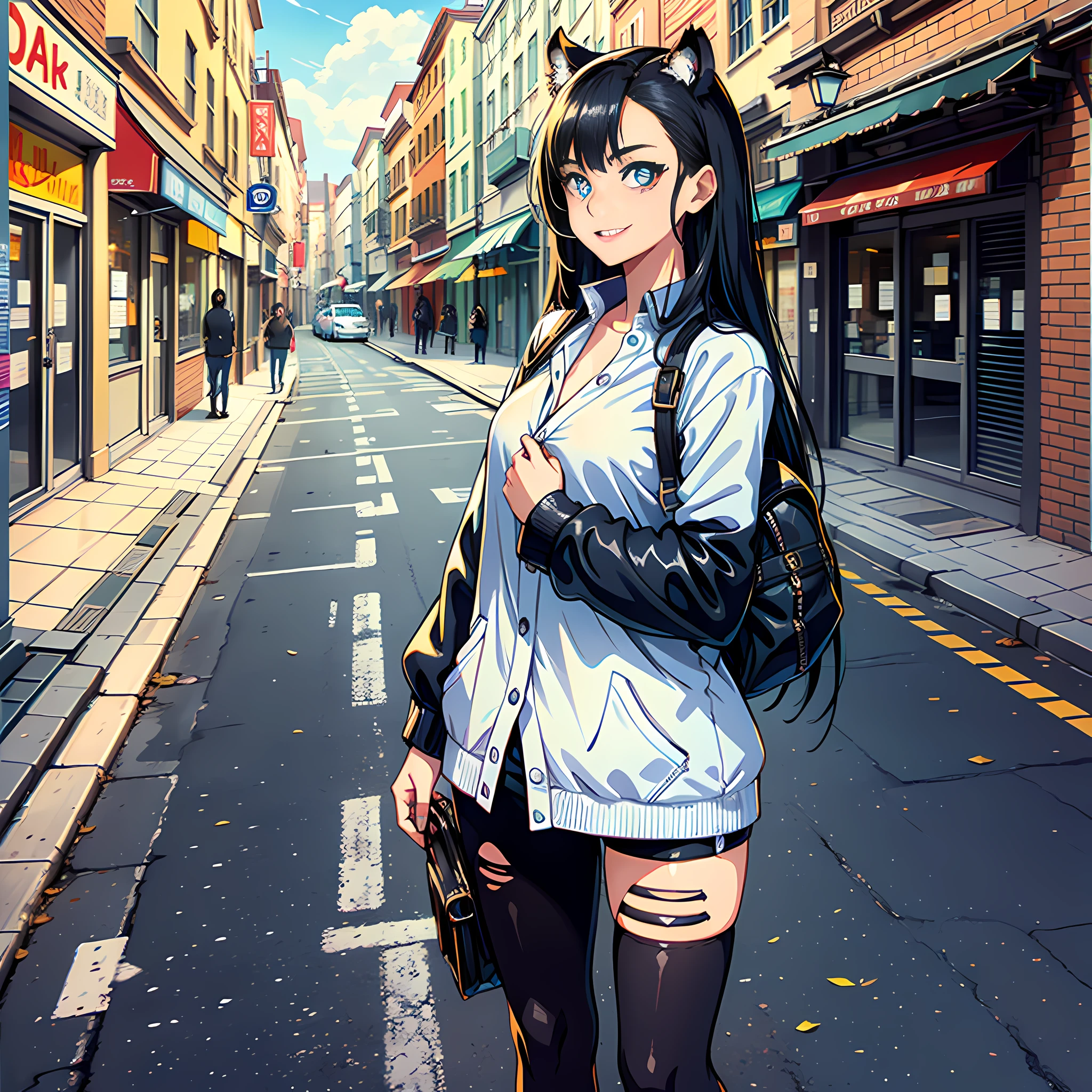 1 woman, tiger teeth, black hair, blue pupils, white, smile, cute, standing on the street, surreal