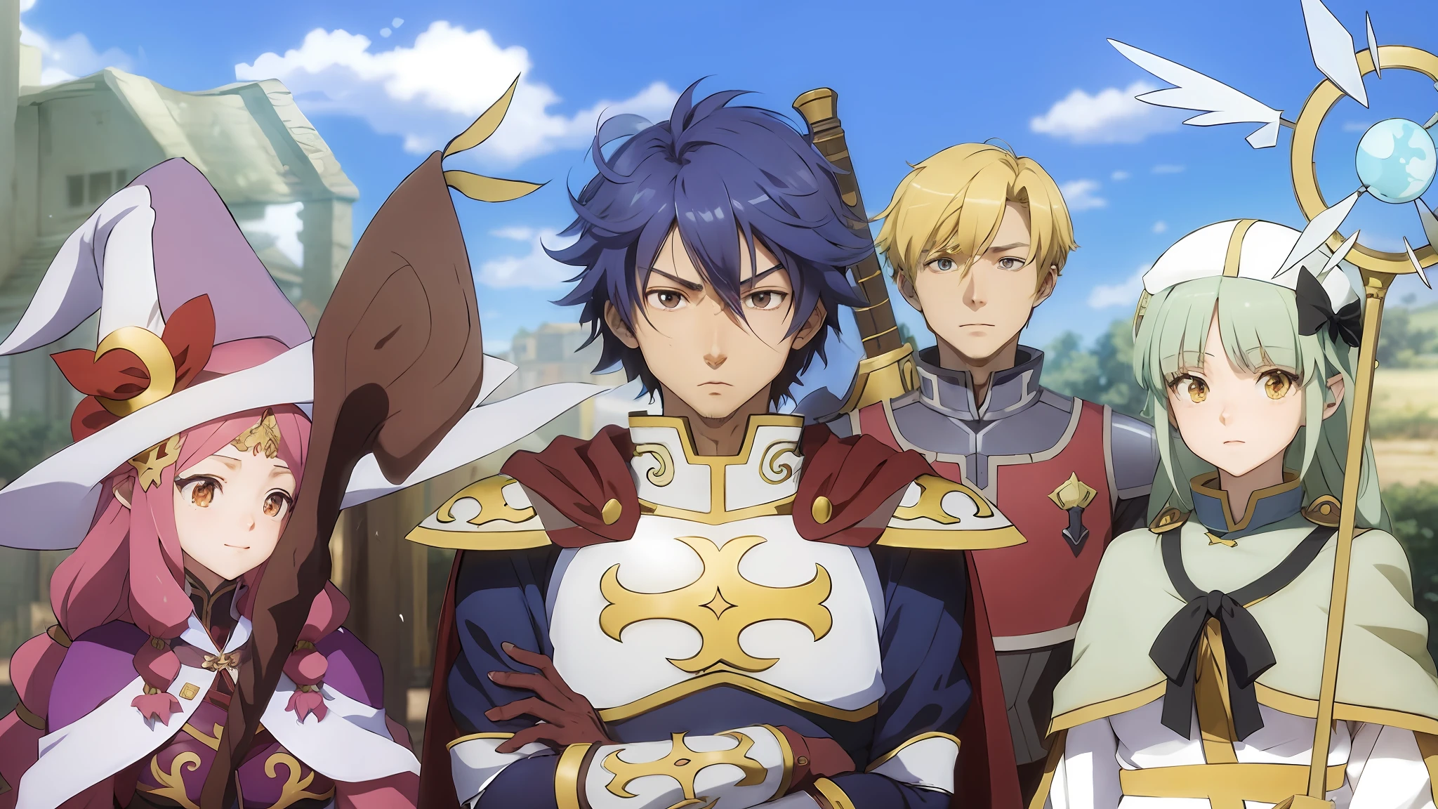 a group of anime characters standing next to each other, popular isekai anime, still from tv anime, fire emblem, today's featured anime still, anime still image, top 25 fantasy anime series, in the anime film, fus rei, protagonist in foreground, screenshot from a 2012s anime, anime in fantasy style, still from anime, isekai