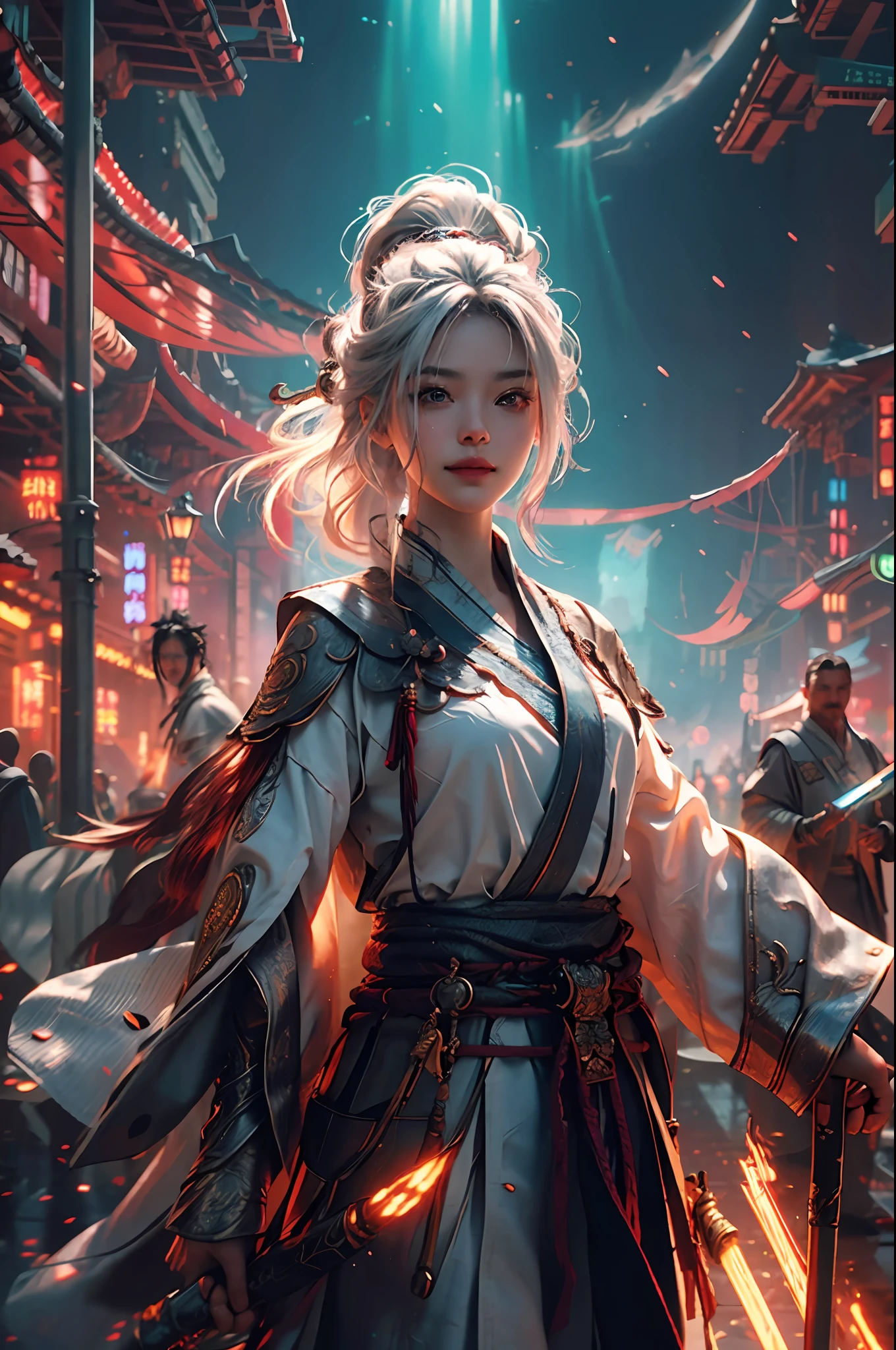 (RAW Photo, Best Quality), (Realistic, Photorealistic True: 1.3), Best Quality, Highly Detailed, Masterpiece, Hyperdetail, Illustration, 1 Girl, Smile, White Hair, All Black, Wield Two Daggers, upper_body, Dynamic Angle, World Mastery Theatre, Flying Long Hair, Fluores Cent Red, Dynamic Fire Inbackground, Best Quality, Extremely detailed CG unified 8k wallpapers, ink, amazing, movie lights, lens_flare, wuxia_style
