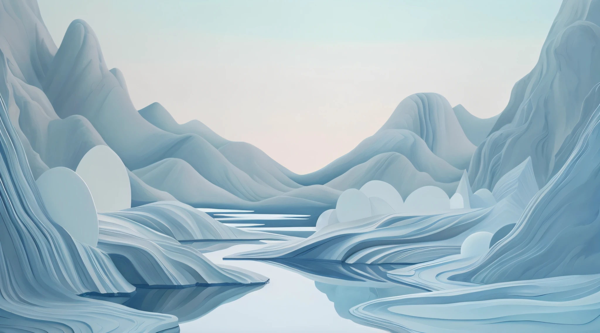 there is a painting of a mountain scene with a river, abstract nature landscape, surreal frozen landscape, a surreal dream landscape, ethereal landscape, serene landscape, glacier landscape, detailed scenery —width 672, surreal landscape, inspired by David Ligare, in a surreal dream landscape, low detailed. digital painting, serene illustration, detailed landscape, icy mountains