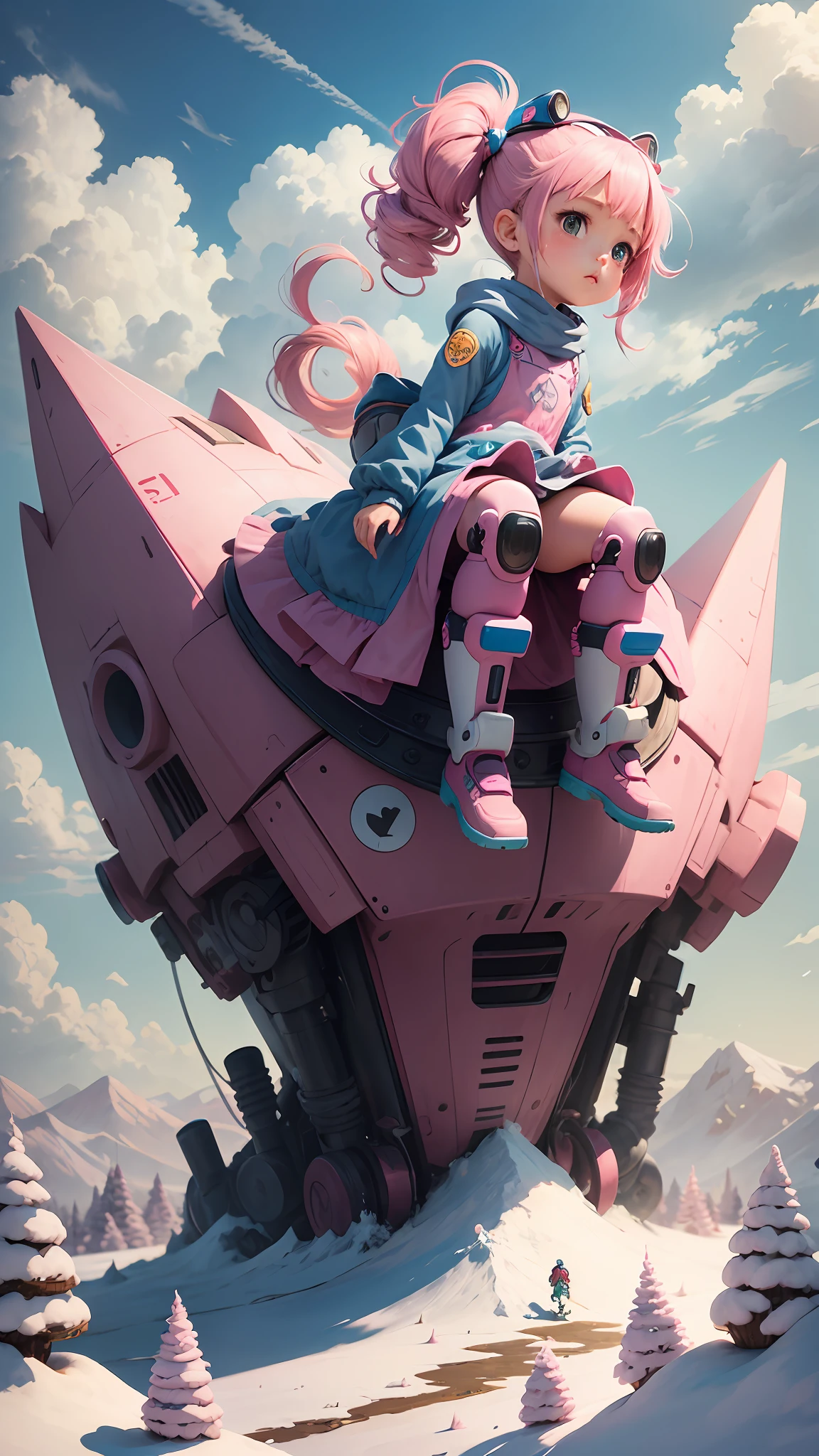 A little pink girl with a body of turnips, dough arms, double ponytails, mechanical legs, and a colorful cloud above her head, on a snowy mountain --auto --s2