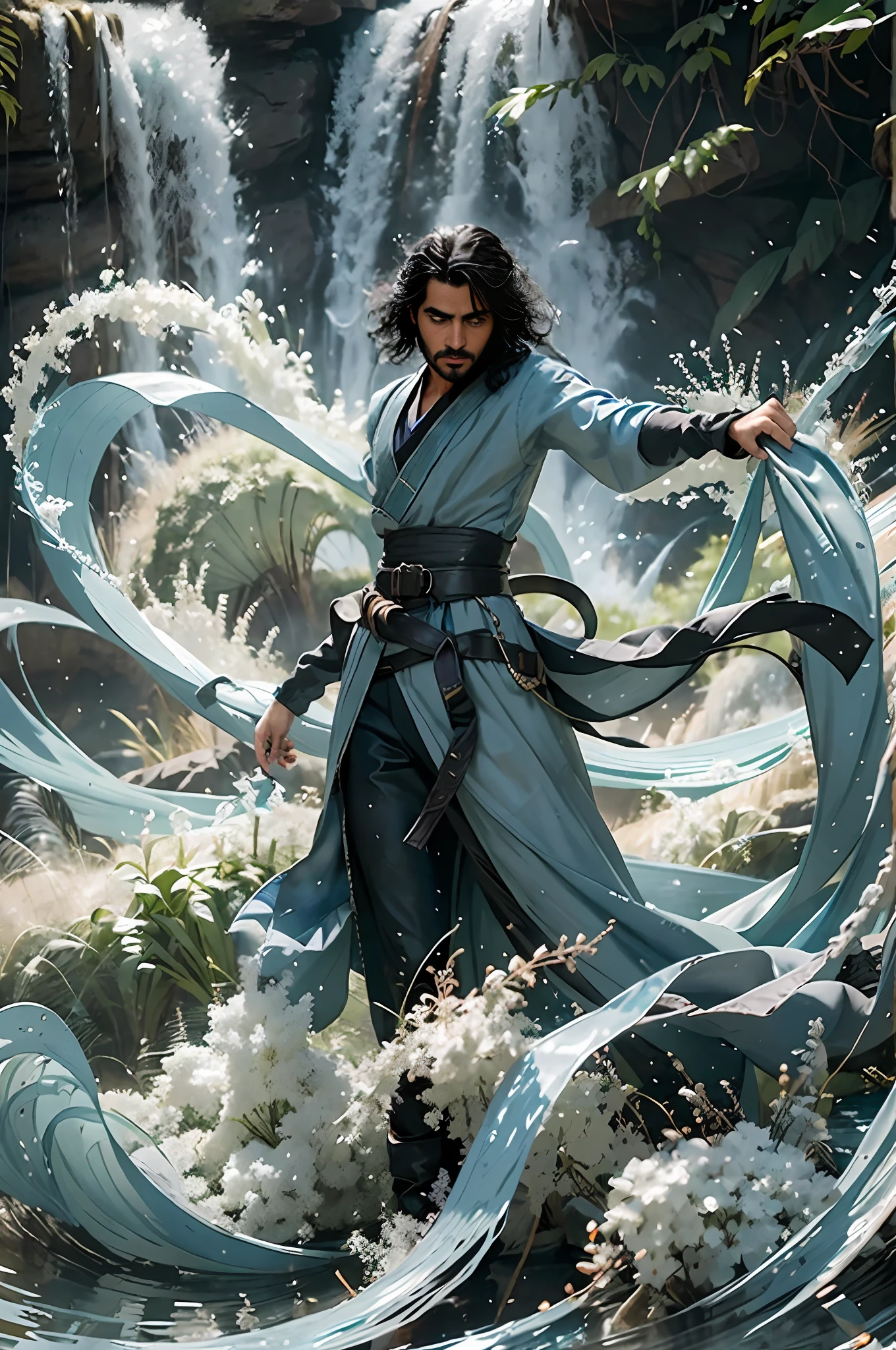 arafed man in a blue dress standing in front of a waterfall, fantasy movie still, still from a fantasy movie, fantasy character photo, handsome prince of persia, from netflix's arcane, maya ali as a d&d sorcerer, fantasy style 8 k octane render, film still from movie dune-2021, closeup fantasy with water magic