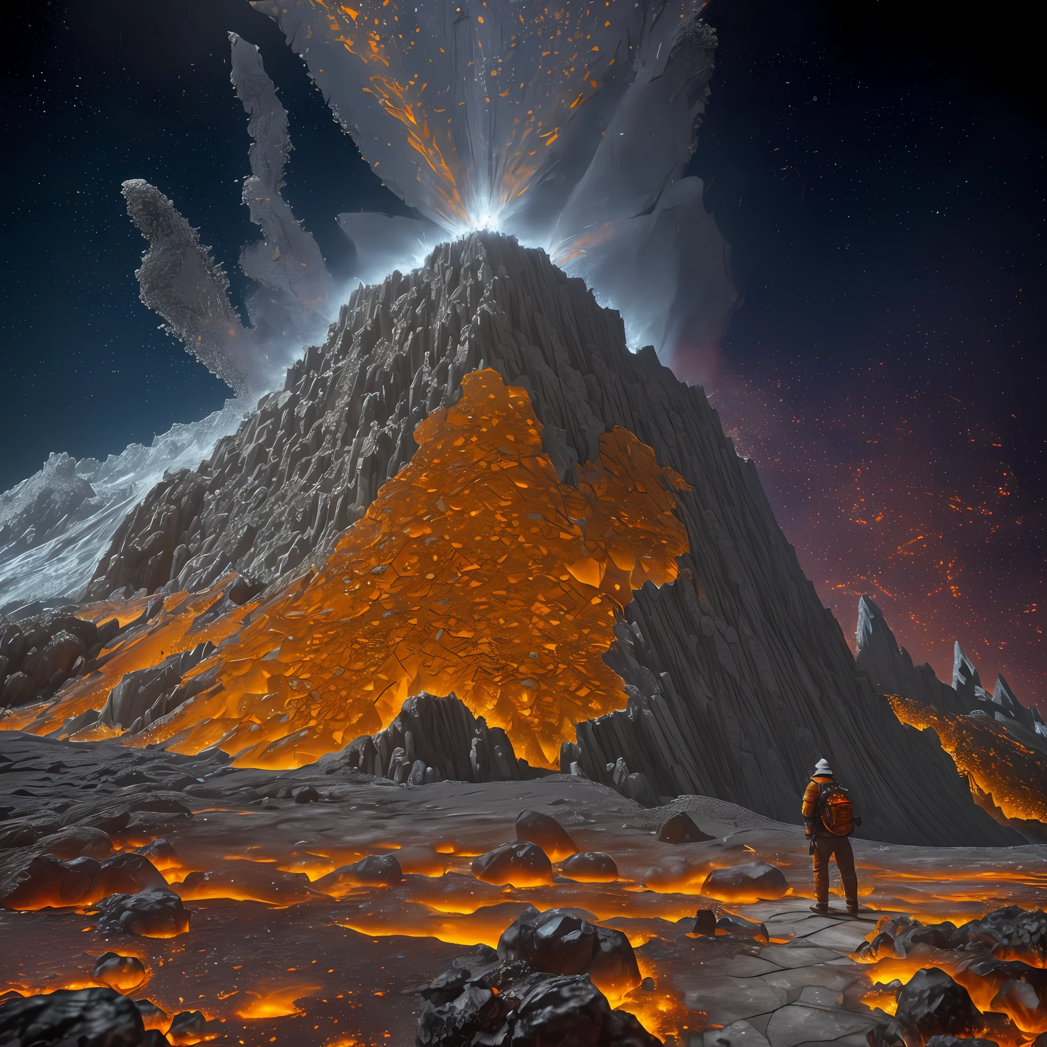 Extensive landscape computer ultra photography (general view, which shows a glass tower, (detailed description of the tower), solidified lava, stalactites (in detail), stalagmites (in detail), as well as helicates (in detail), lake (in detail), mercury on the surface of the lake, burning surface, one gray-haired guy in a shirt and trousers (1: 3), (ultra-detailed description of appearance), standing in fire, crystals (crystals: 1,2), reflection in mercury crystals, burning lava (dripping lava 1: 2),  (falling stones: 0.9), (fire: 1.3), crystals, fire stones, lava, mercury, cave BREAK production art, (cold light source:1.2), (Firefly:1.2), fire particles, dark, red, yellow and orange, complex details, volumetric lighting, realism BREAK (masterpiece:1.2), (best quality), 4k, ultra-detailed, (dynamic composition: 1.4), high detailed, colorful details, (gloomy colors: 1.2), (luminous lighting, atmospheric lighting), gloomy, dark,  magical, (solo: 1.2) --auto --s2