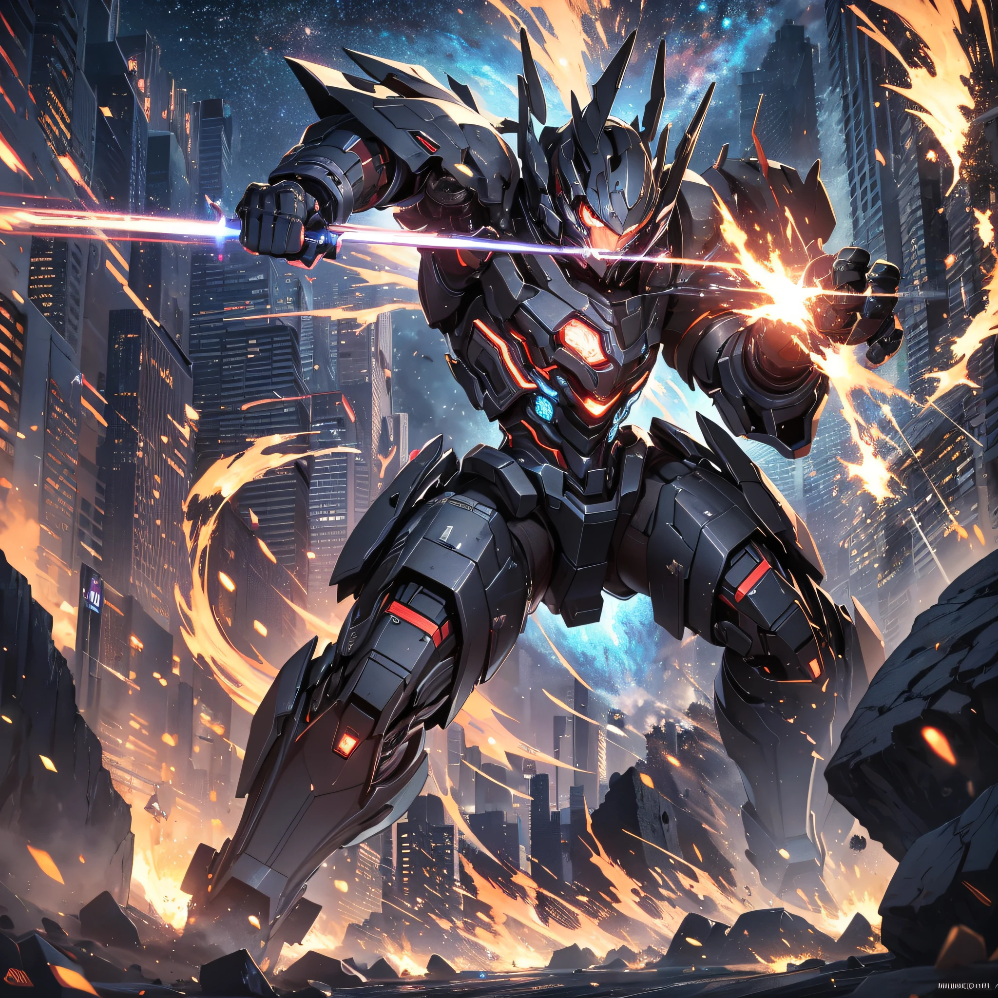 Absurd Resolution, High Resolution, (Masterpiece: 1.4), Hyper Detail, Night, A Mech, Black Armor, Combat, Monsters, Attack, Fire, Shock, Fist Swing Attack (1.4)