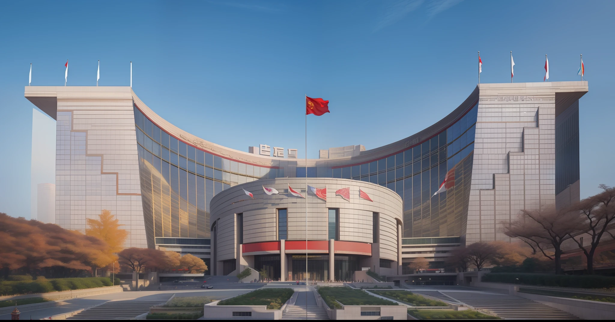 The highest picture quality, People's Bank of China, flag flying in the air, main building, symmetry, Beijing, detail restoration, master masterpiece