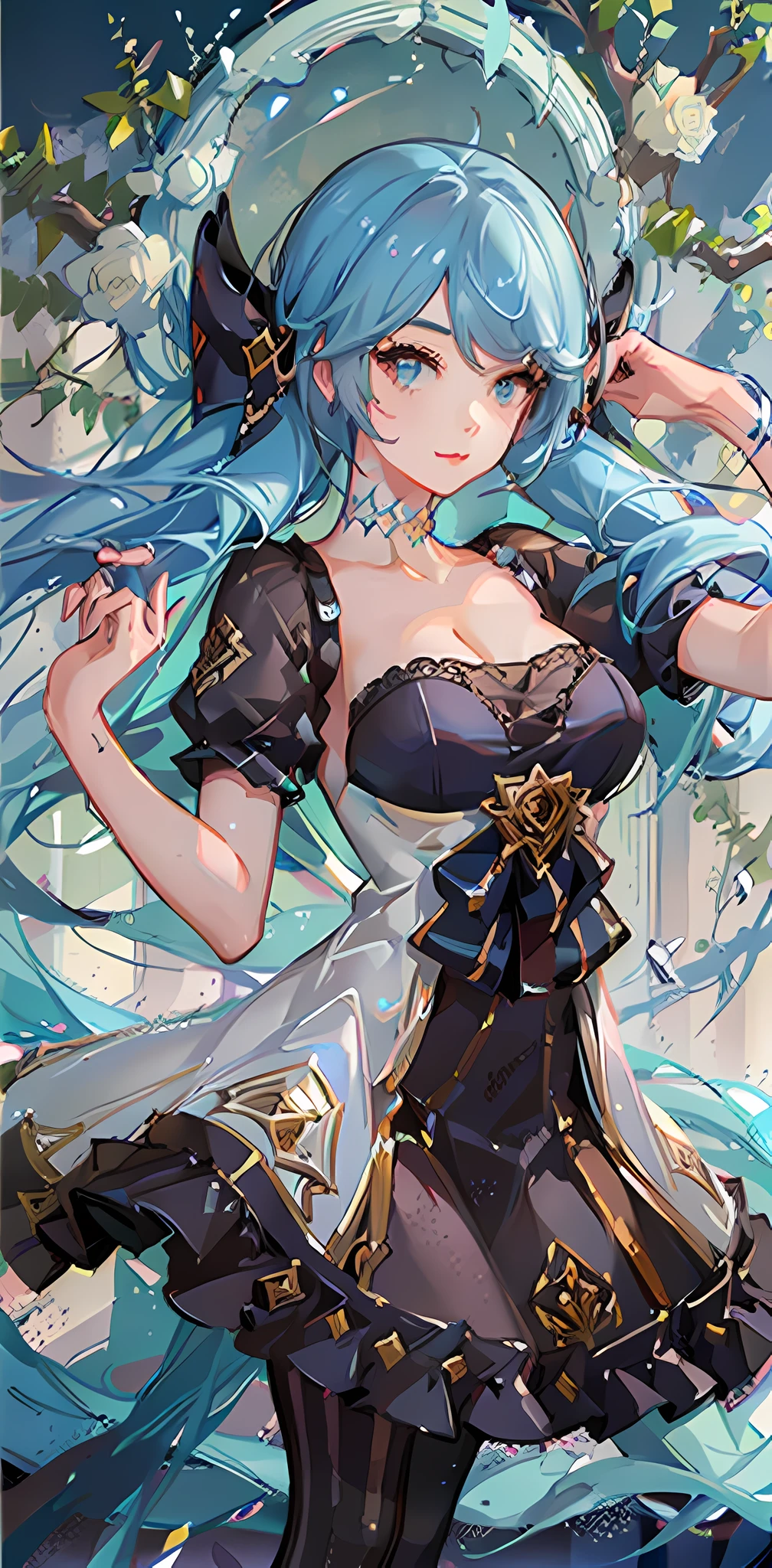 League of Legends, Gwen, Lingluo doll, 1 girl, cute and naughty Gwen, full of vigorous pose, fluttering skirt, Wu belt when the wind, lake blue decorative stripes, shawl long hair, rose curly hair, gorgeous skirt, dress with skirt support, double skirt, huge skirt, huge bow, perfect legs, ta, blue double ponytail woman, (((see from the net below))), look up, see-through, (seductive pose), look at the audience, crazy, black cut, (eye contact), realistic, masterpiece, reality, High contrast, super detail, best quality, super high resolution, realistic, high resolution, detailed, original photo