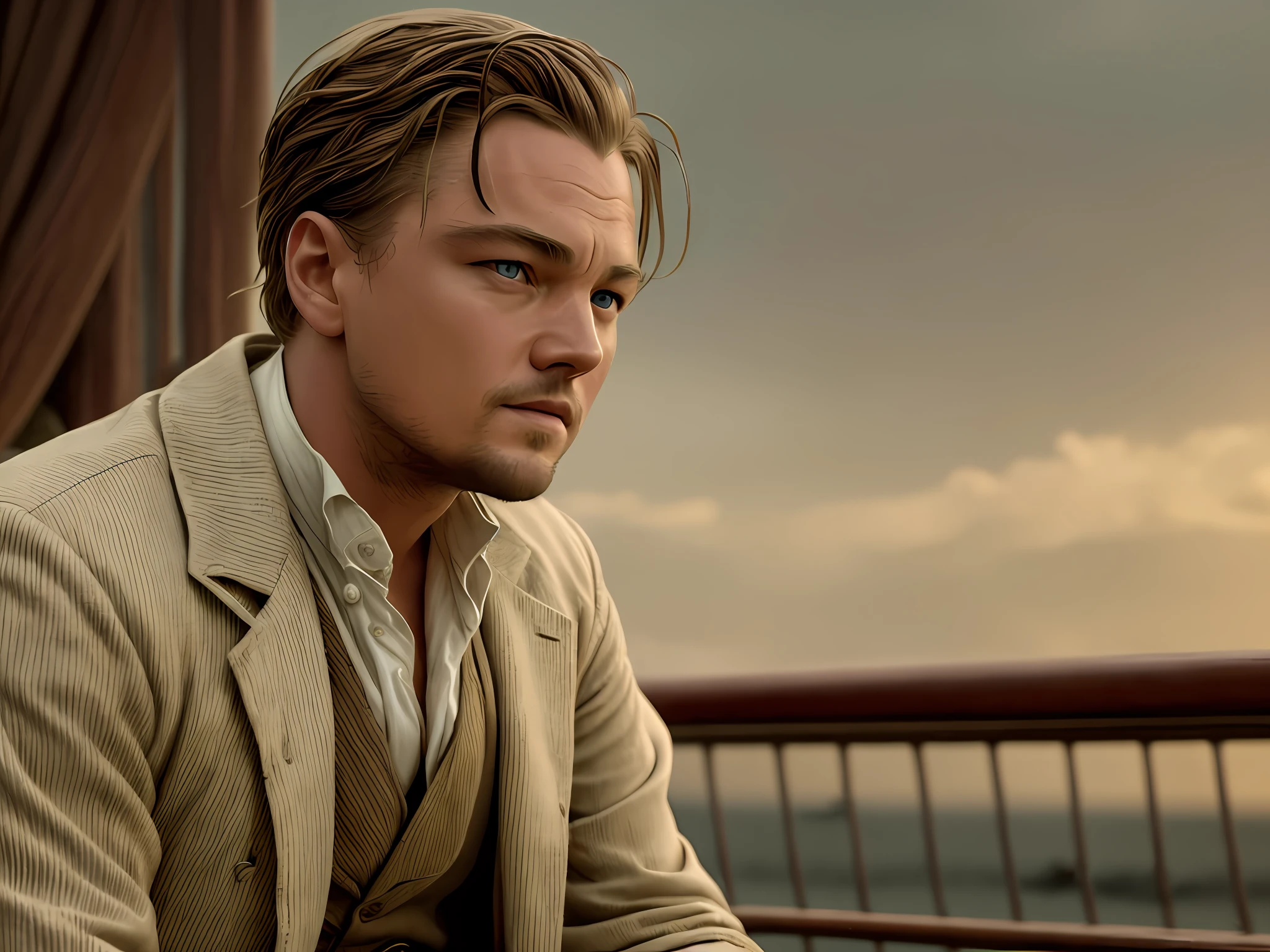 High definition picture quality, 8k photo, intricate details: 1.2, cinematic lighting, American actor, Leonardo DiCaprio, as jack in 'Titanic' , , , , , DSLR --auto --s2