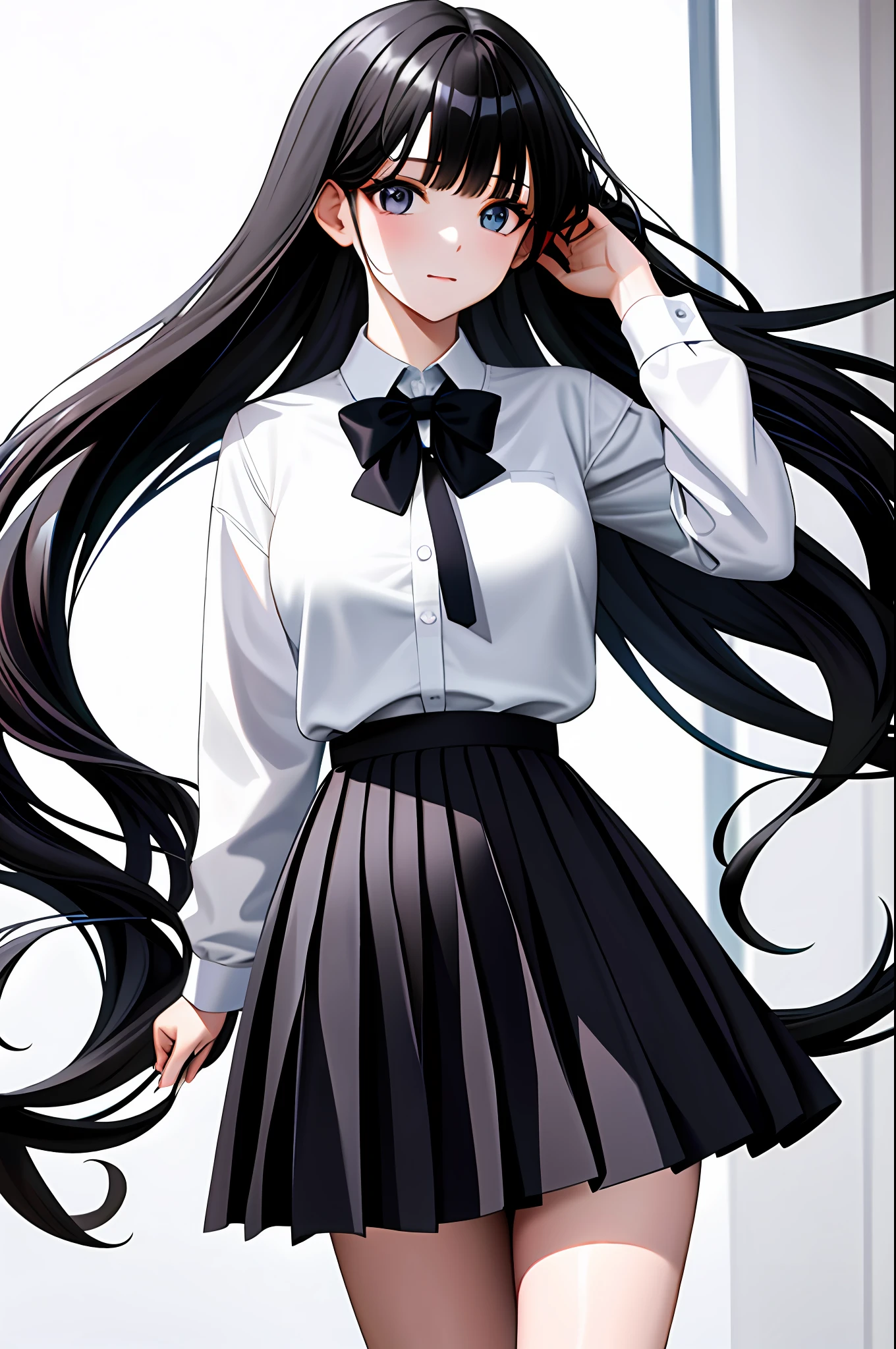 Dynamic angle, absurd, original, extremely delicate beauty, beautiful delicate eyes and face, 1 girl, black_hair, looking_at_viewer, solo, (masterpiece: 1.4), (best quality: 1.4), , black hair, very long hair, school uniform, white shirt, pleated skirt, collared shirt, blunt bangs,