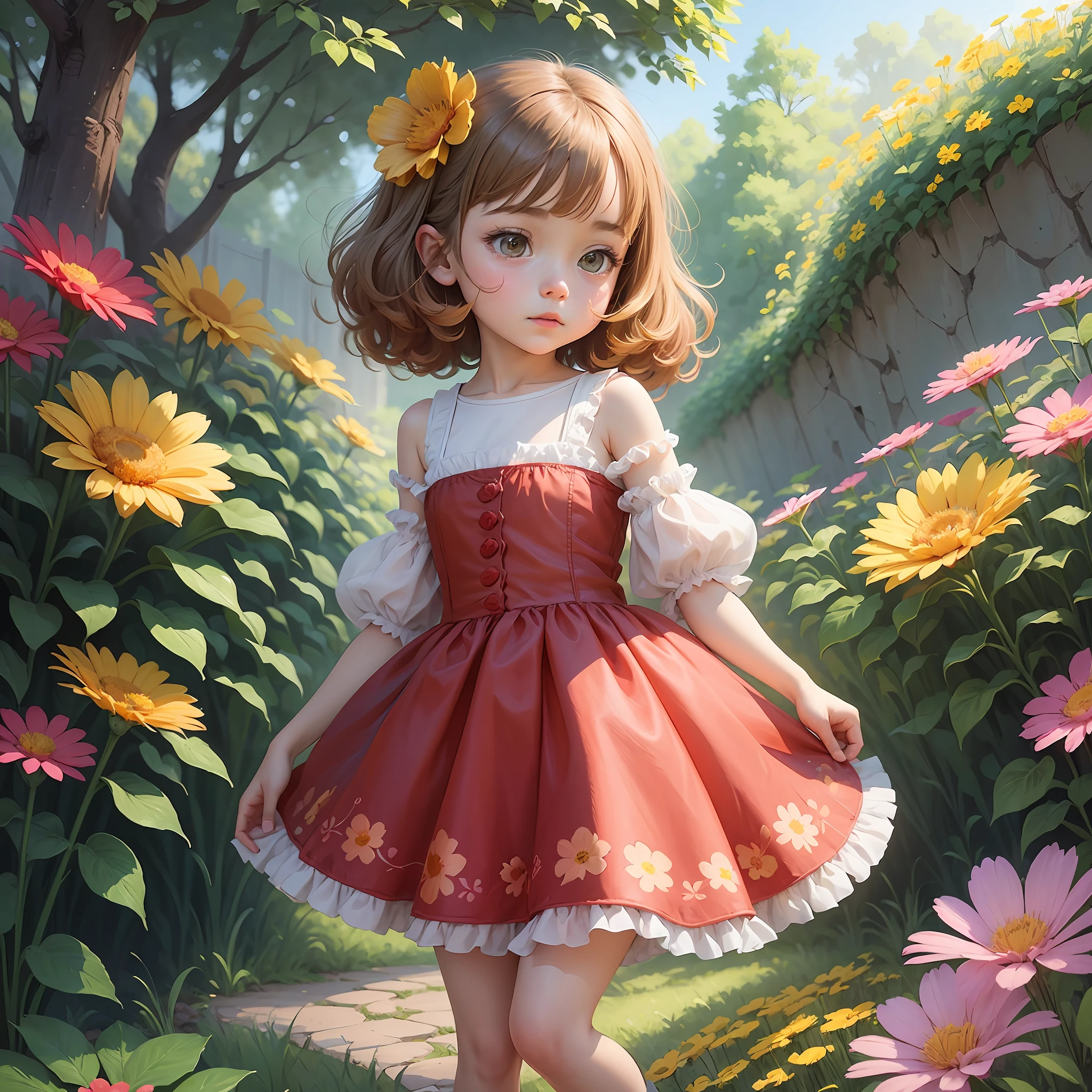 cartoon girl  in a red dress and yellow shirt holding a flower, childrens art in artstation, cute detailed digital art, adorable digital painting, cute art style, cute detailed artwork, girl in flowers, cute digital art, girl in a flower field, full body portrait of a short!, girl dancing in a flower field, a beautiful artwork illustration --auto --s2