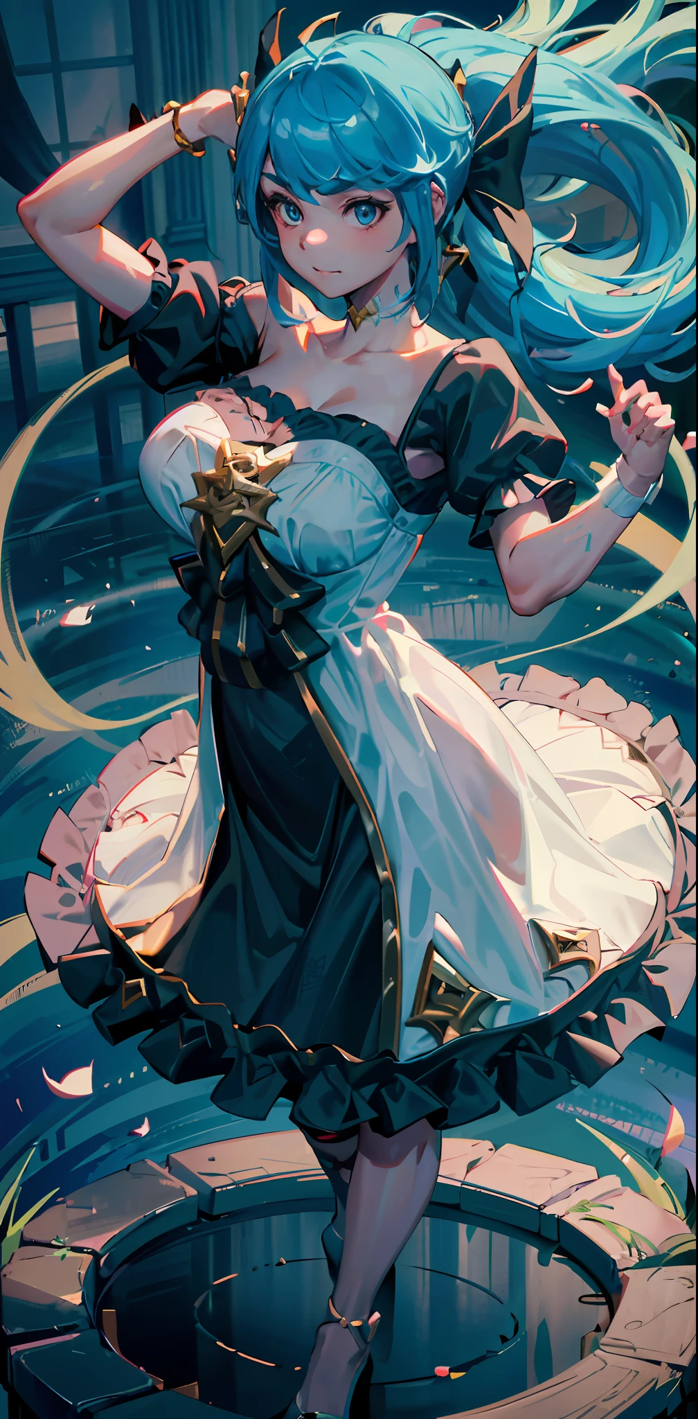 League of Legends, Gwen, Lingluo doll, 1 girl, cute and naughty Gwen, full of vigorous pose, fluttering skirt, Wu belt when the wind, lake blue decorative stripes, shawl long hair, rose curly hair, gorgeous skirt, dress with skirt support, double skirt, huge skirt, huge bow, perfect legs, ta, blue double ponytail woman, (((see from the net below))), look up, see-through, (seductive pose), look at the audience, crazy, black cut, (eye contact), realistic, masterpiece, reality, High contrast, super detail, best quality, super high resolution, realistic, high resolution, detailed, original photo