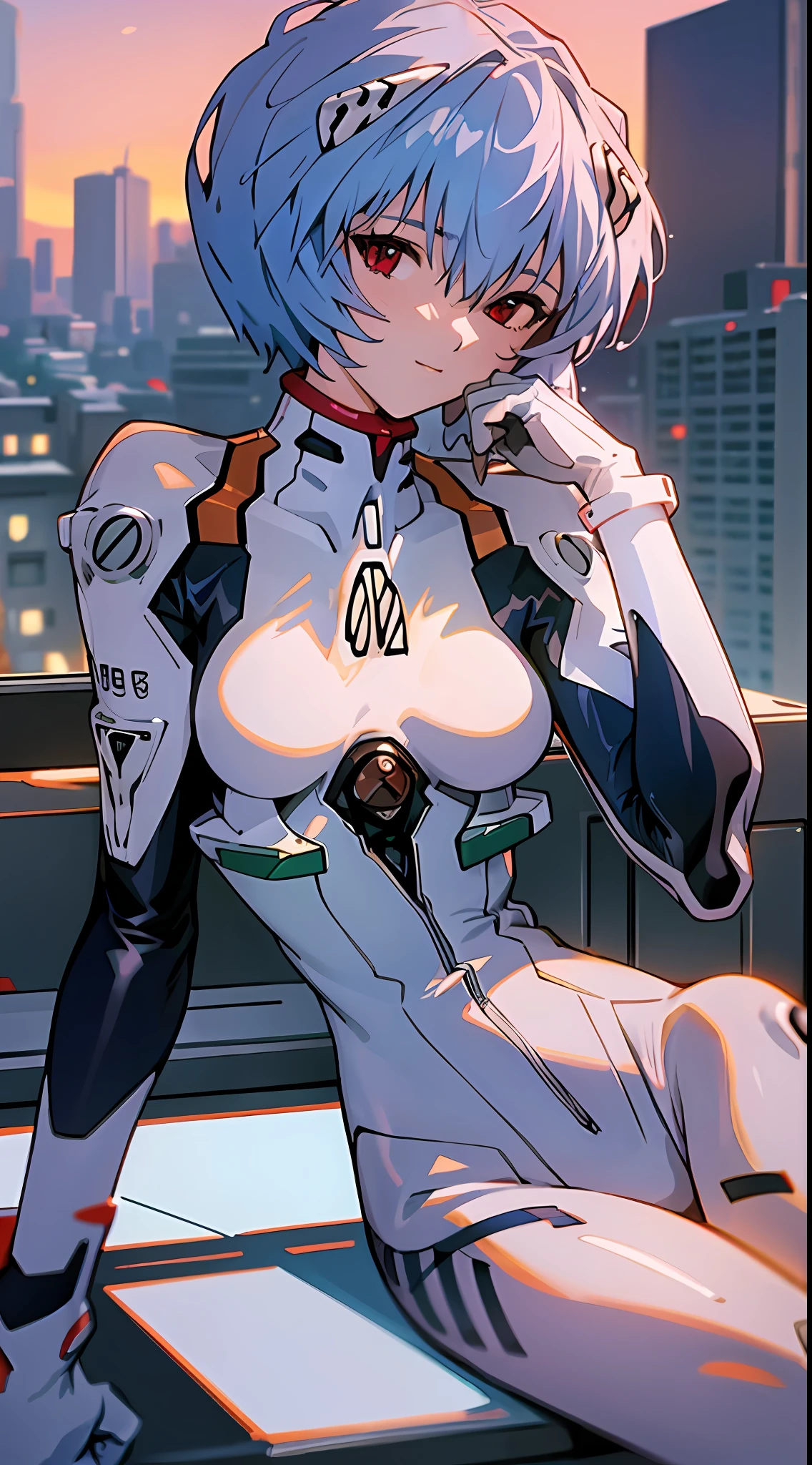 1 Girl, Ayanami, Evangelion, 8K, Best Quality, City Rooftop, Dusk, Gentle Smile, Lying on the Table, Dusk Light, More Details, Longinus Gun,