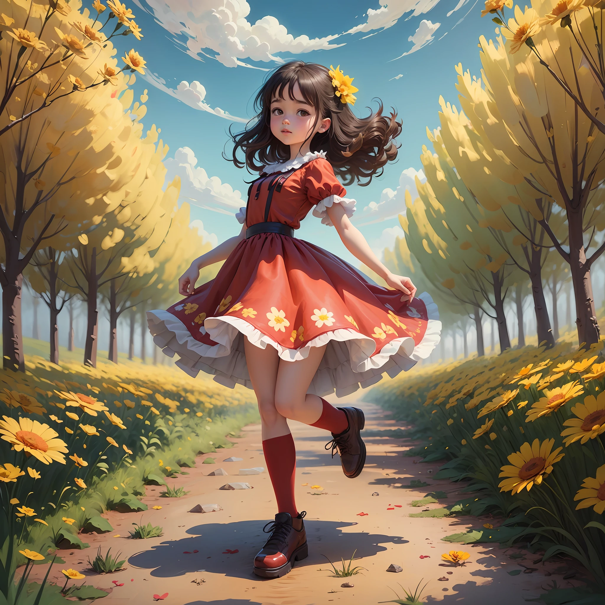cartoon girl teen in a red dress and yellow shirt holding a flower, childrens art in artstation, cute detailed digital art, adorable digital painting, cute art style, cute detailed artwork, girl in flowers, cute digital art, girl in a flower field, full body portrait of a short!, girl dancing in a flower field, a beautiful artwork illustration --auto --s2