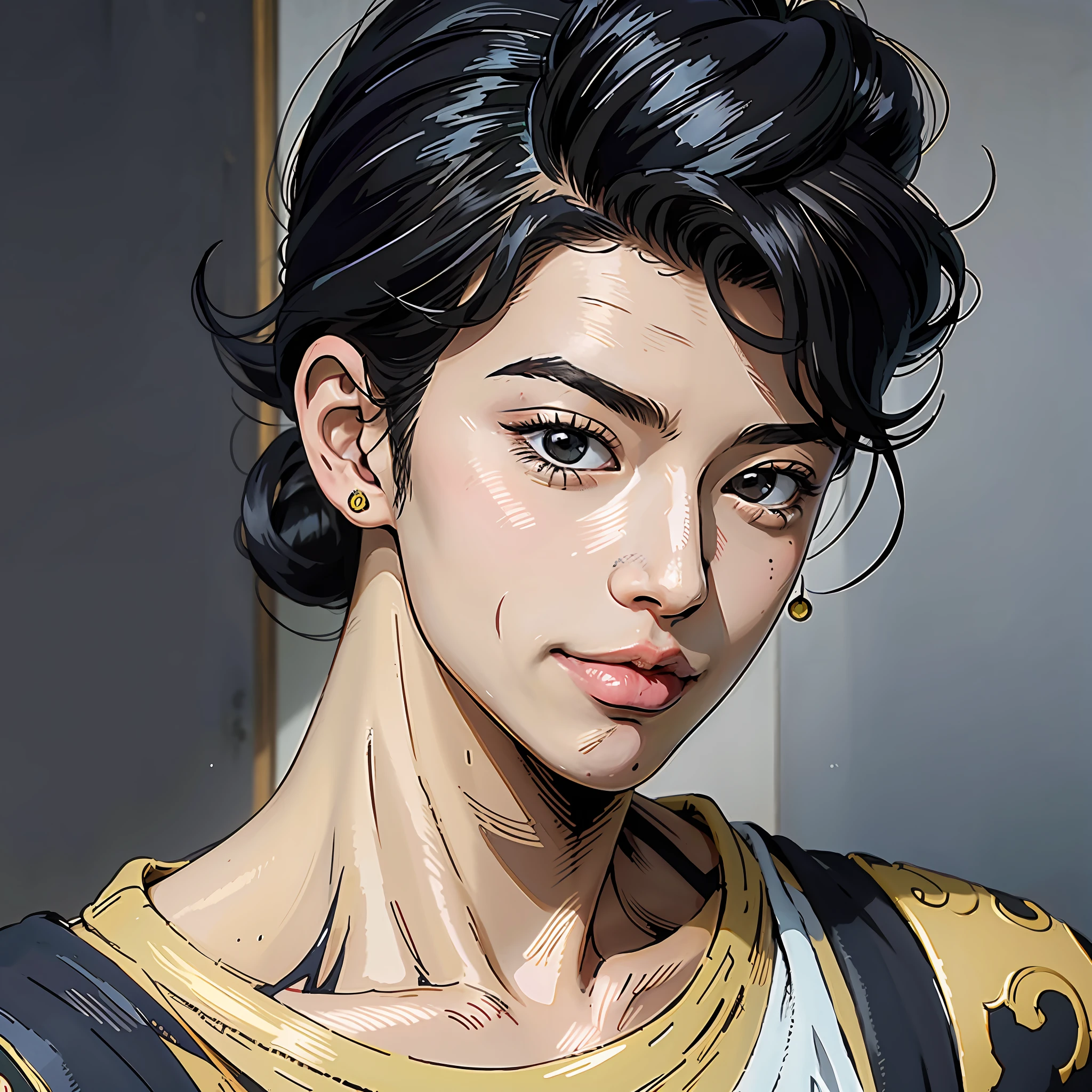 masterpiece, best quality, absurdres, 1boy, pompadour, higashikata josuke, head only, portrait, smile, closed mouth, araki hirohiko (artsyle), t-shirt, friendly
