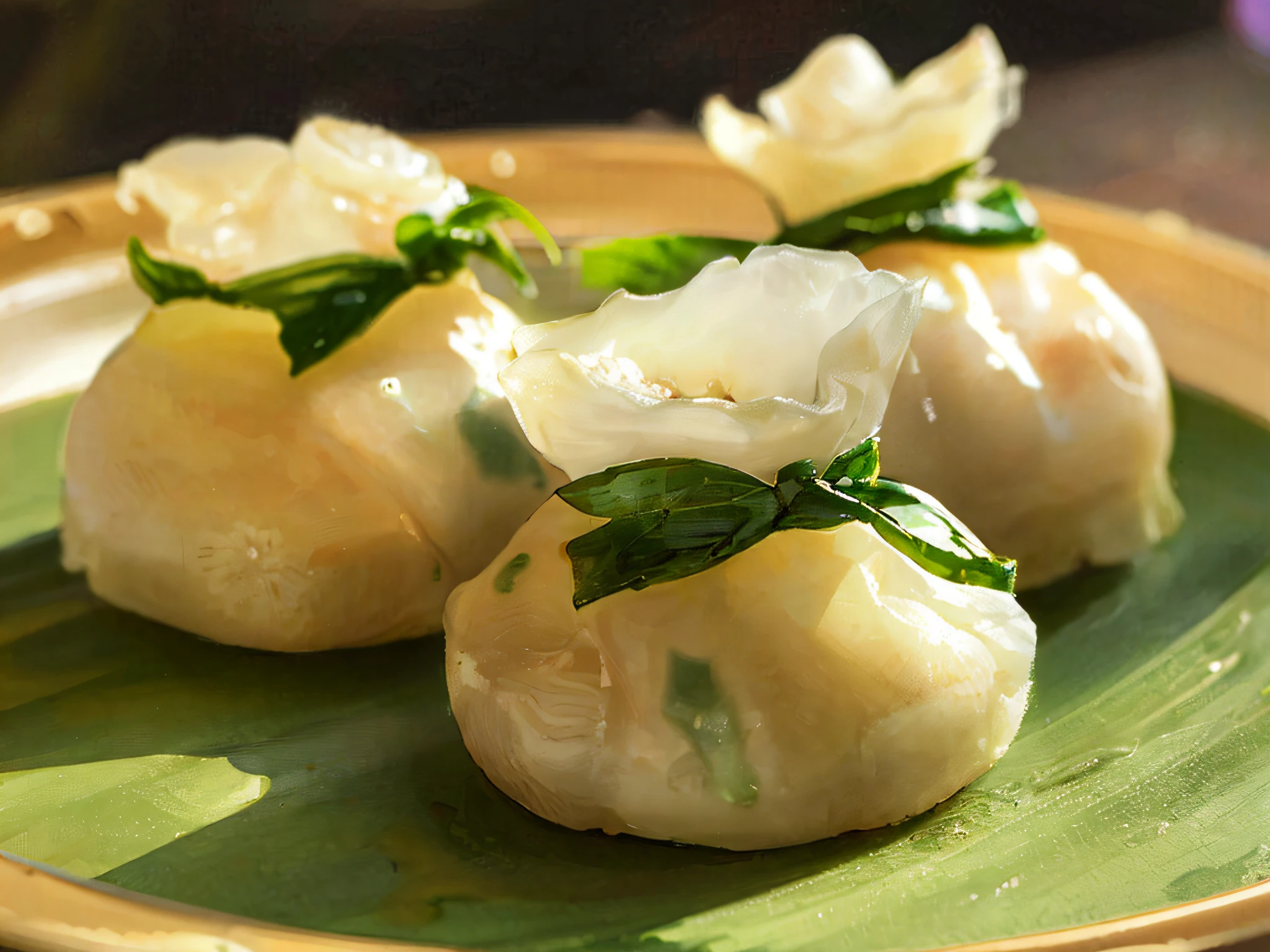 Pastry, oil light, steamed dumplings, siu mai, delicious, with shrimp inside. Delicious, Leafy, Delicious, Very Delicious, Colorful --v 6