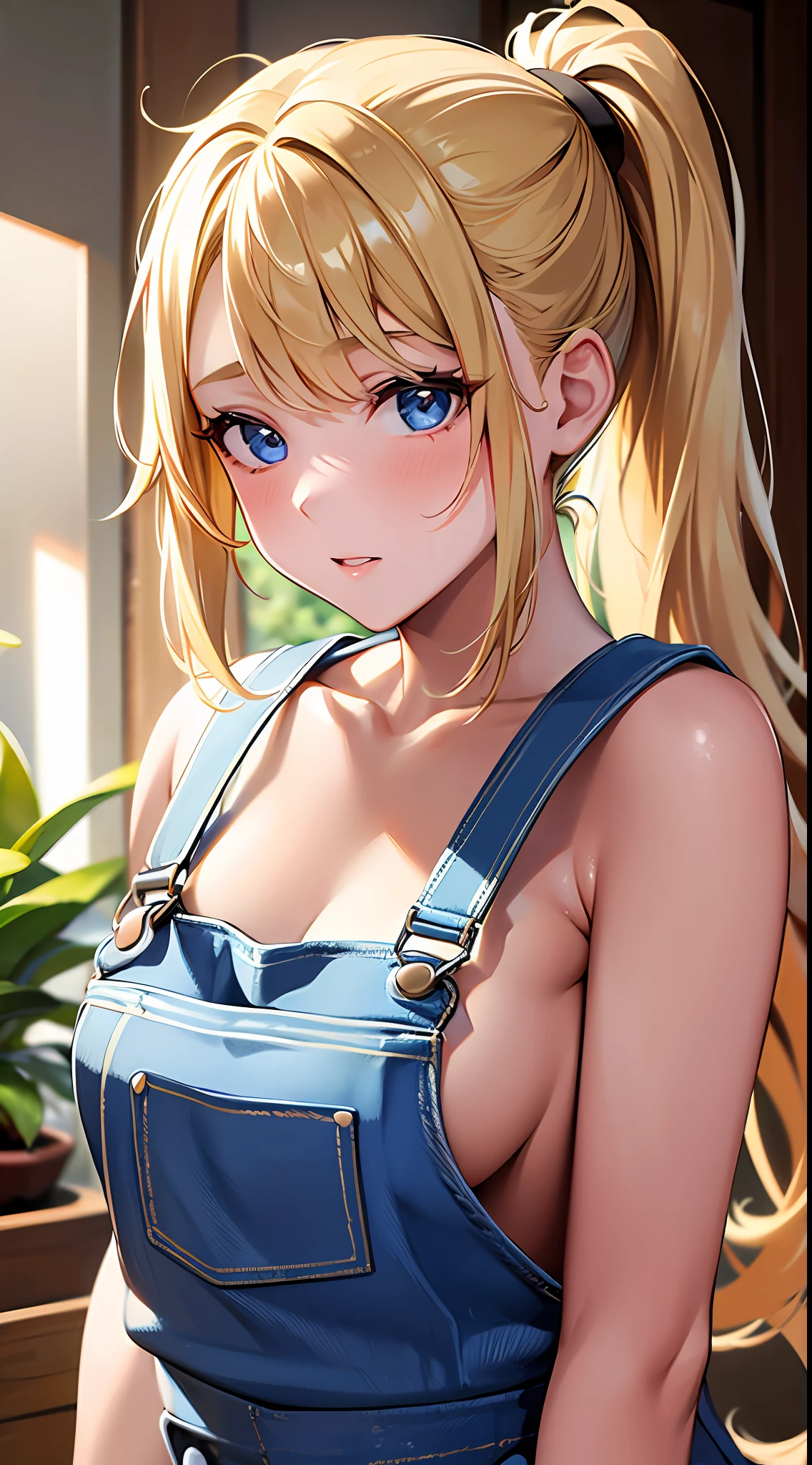 1girl, masterpiece, best quality, medium full shot, blonde ponytail, naked (overalls), busty, cleavage, sexy body, (erotic pose)