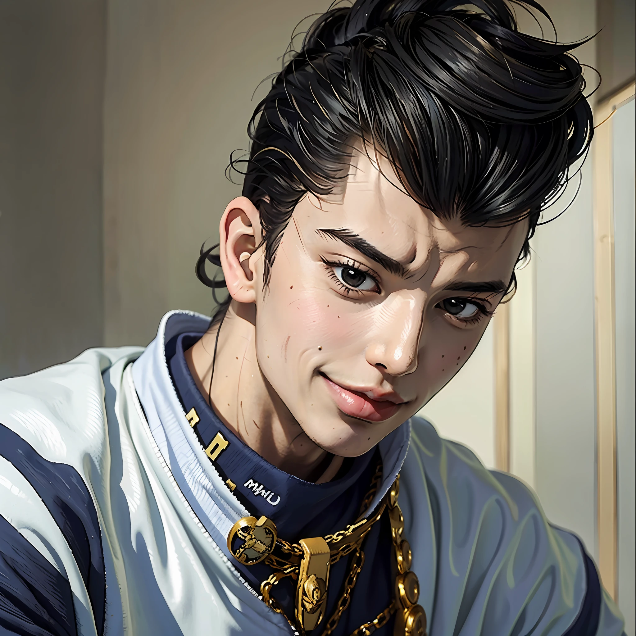 masterpiece, best quality, absurdres, 1boy, pompadour, higashikata josuke, head only, portrait, smile, closed mouth, araki hirohiko (artsyle), t-shirt, friendly