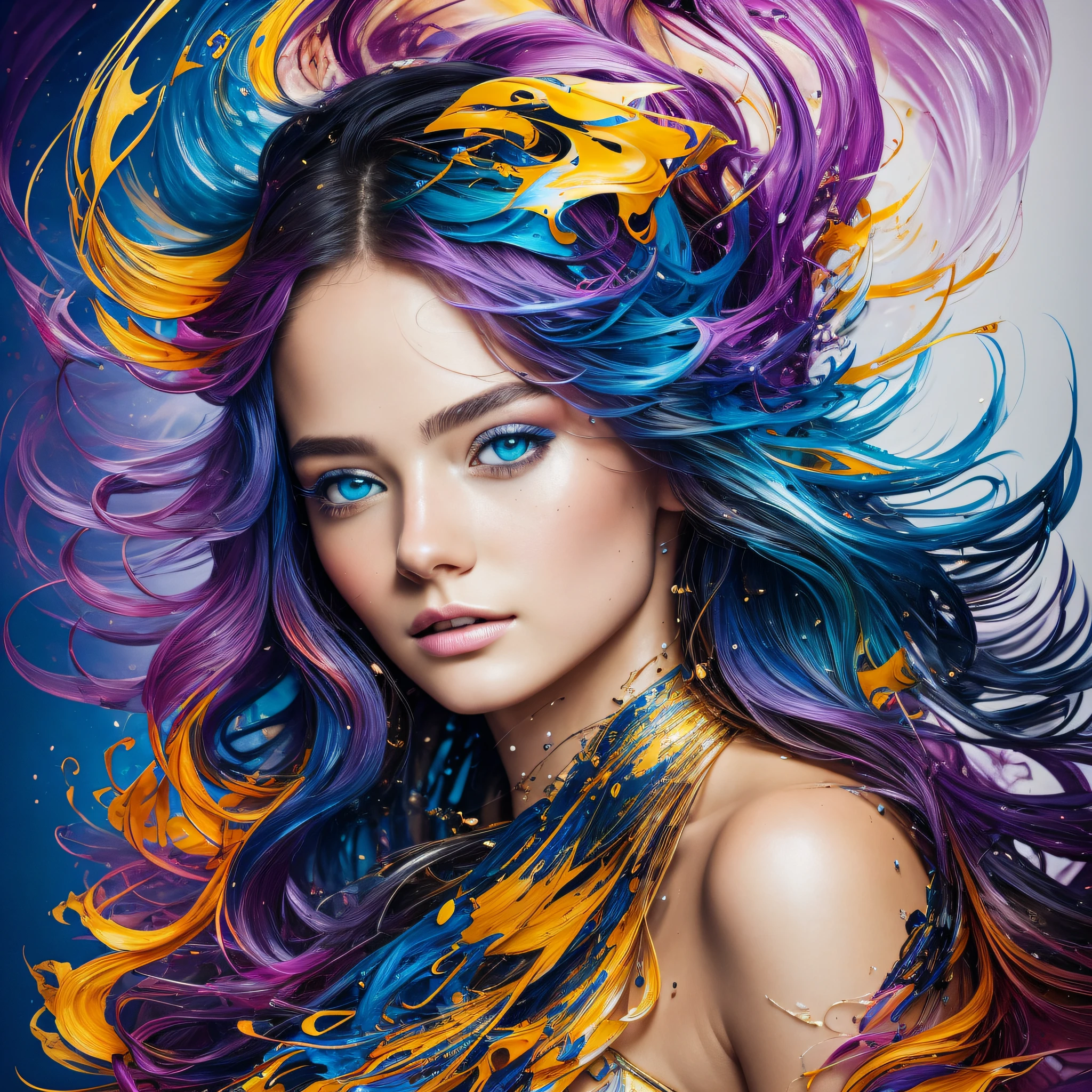Colorful beautiful woman: a woman 18-years old, messy hair, oil painting, nice perfect face with soft skinice perfect face, blue yellow colors, light purple and violet additions, light red additions, intricate detail, splash screen, 8k resolution, masterpiece, cute face,artstation digital painting smooth veryBlack ink flow: 8k resolution photorealistic masterpiece: intricately detailed fluid gouache painting: by Jean Baptiste Mongue: calligraphy: acrylic: watercolor art, professional photography, natural lighting, volumetric lighting maximalist photoillustration: by marton bobzert:, complex, elegant, expansive, fantastical --auto --s2