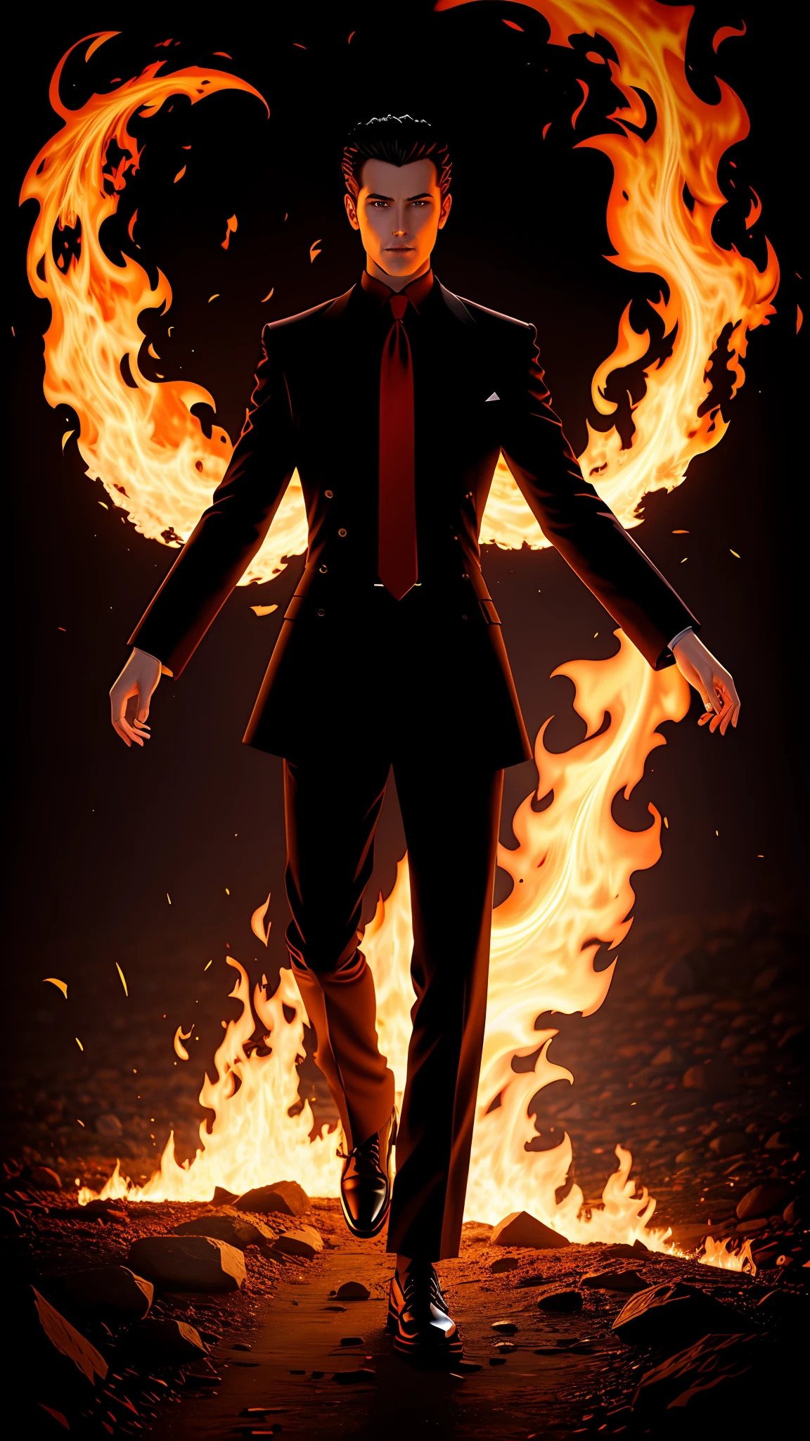 fire, dark, full body, evil, thin man
