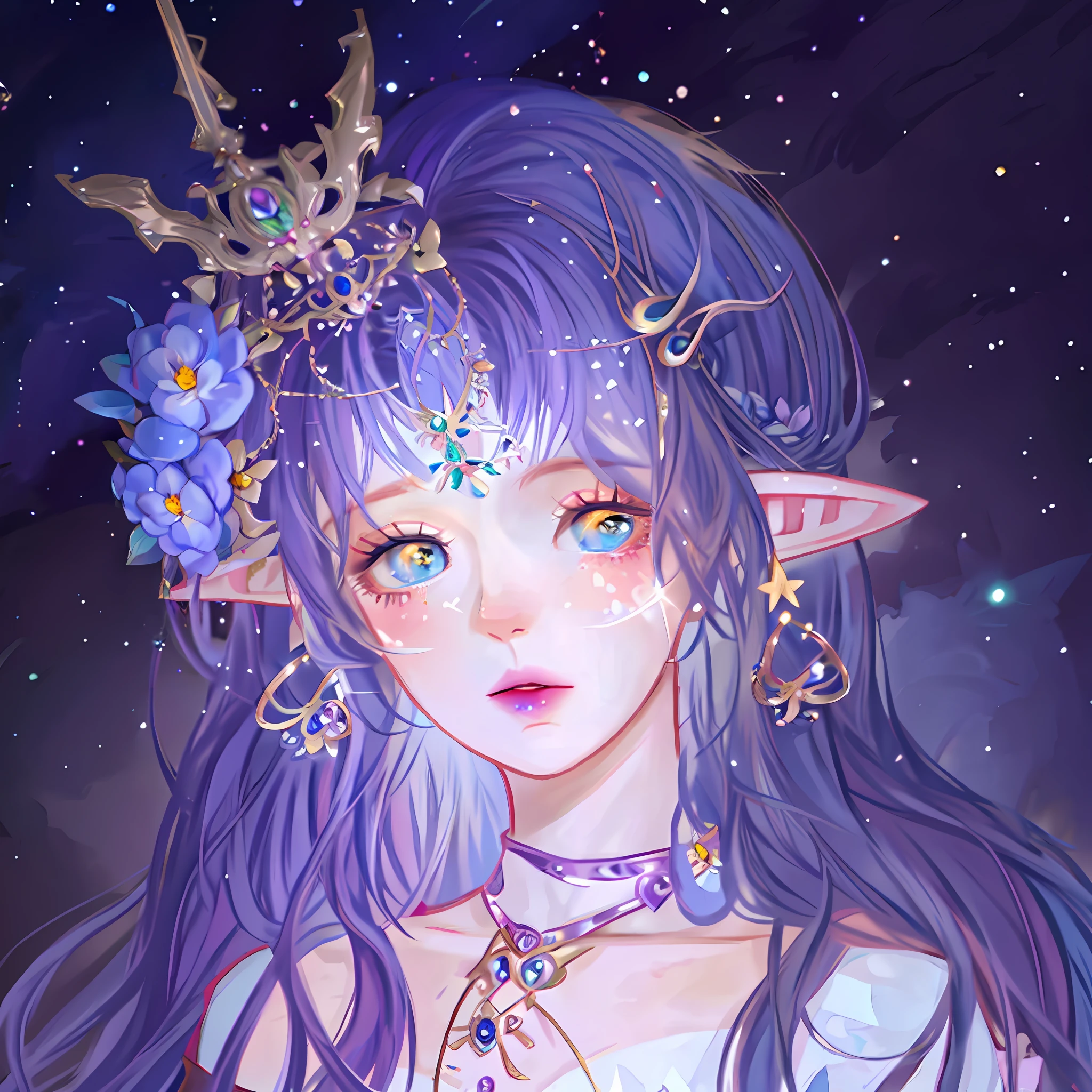 Anime girl with blue hair and flower crown in front of the stars, anime in fantasy style, fantasy art style, elf princess who has elf ears and golden eyes, elf girl, ethereal fantasy, anime fantasy illustration, (((beautiful fantasy queen)), fairy core, astral fairy, elf girl in flower clothes, beautiful celestial mage, fairy skin beautiful elf