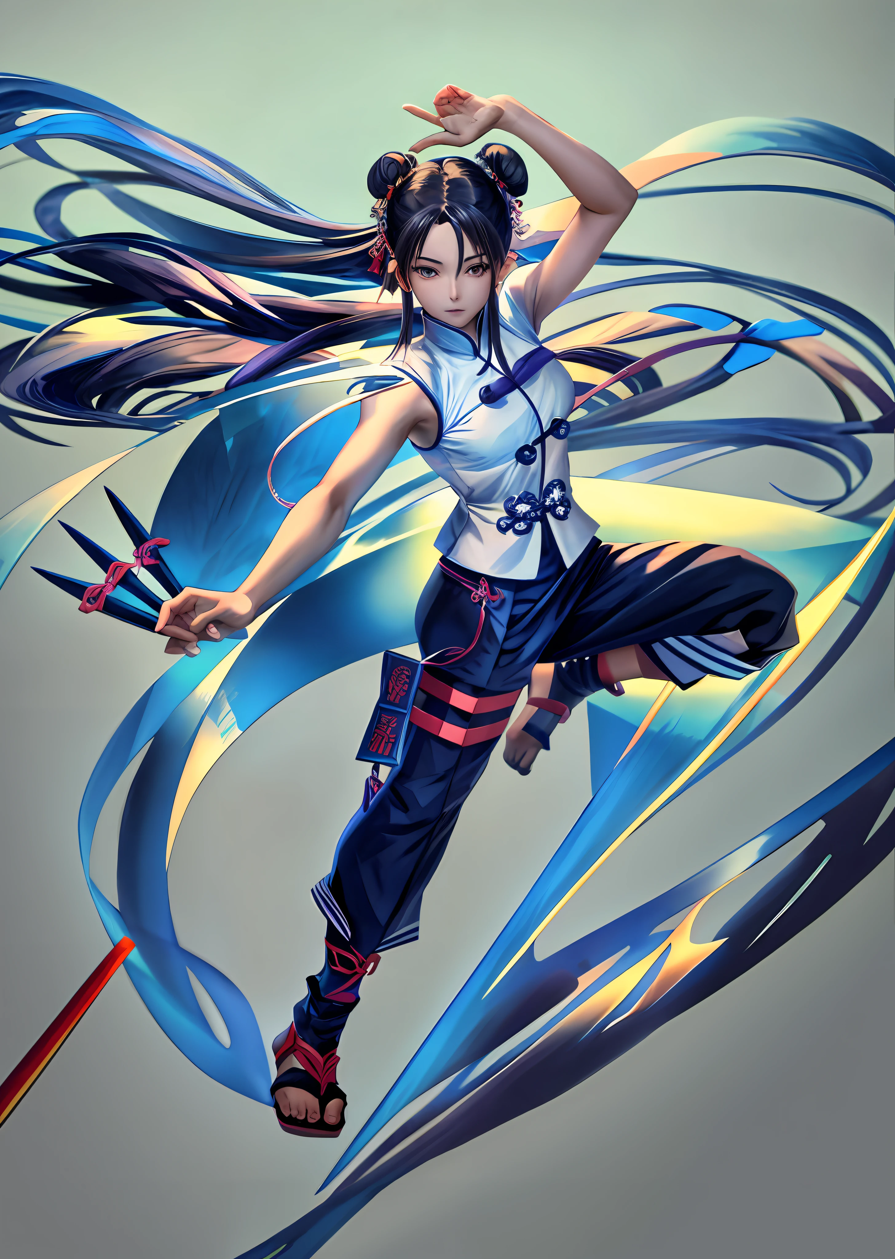 masterpiece, high quality, best quality, a woman holding 3 kunai drawings, double bun, ming from Chinese mythology, battle pose, inspired by Tsubasa Nakai, inspired by Kamizaka Sekka, anime pose, inspired by Koichi Sakai, simple background