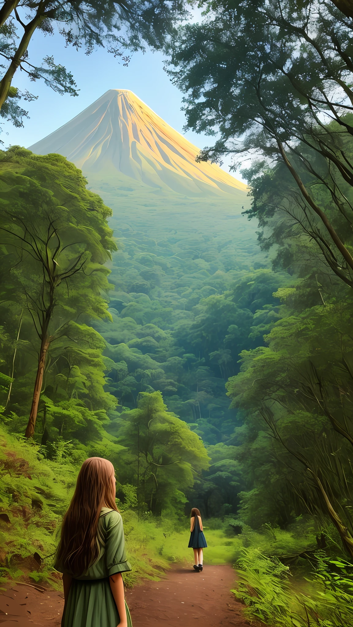 A girl in the forest, the era is the end times, the background is a volcano, the tone is hopeful